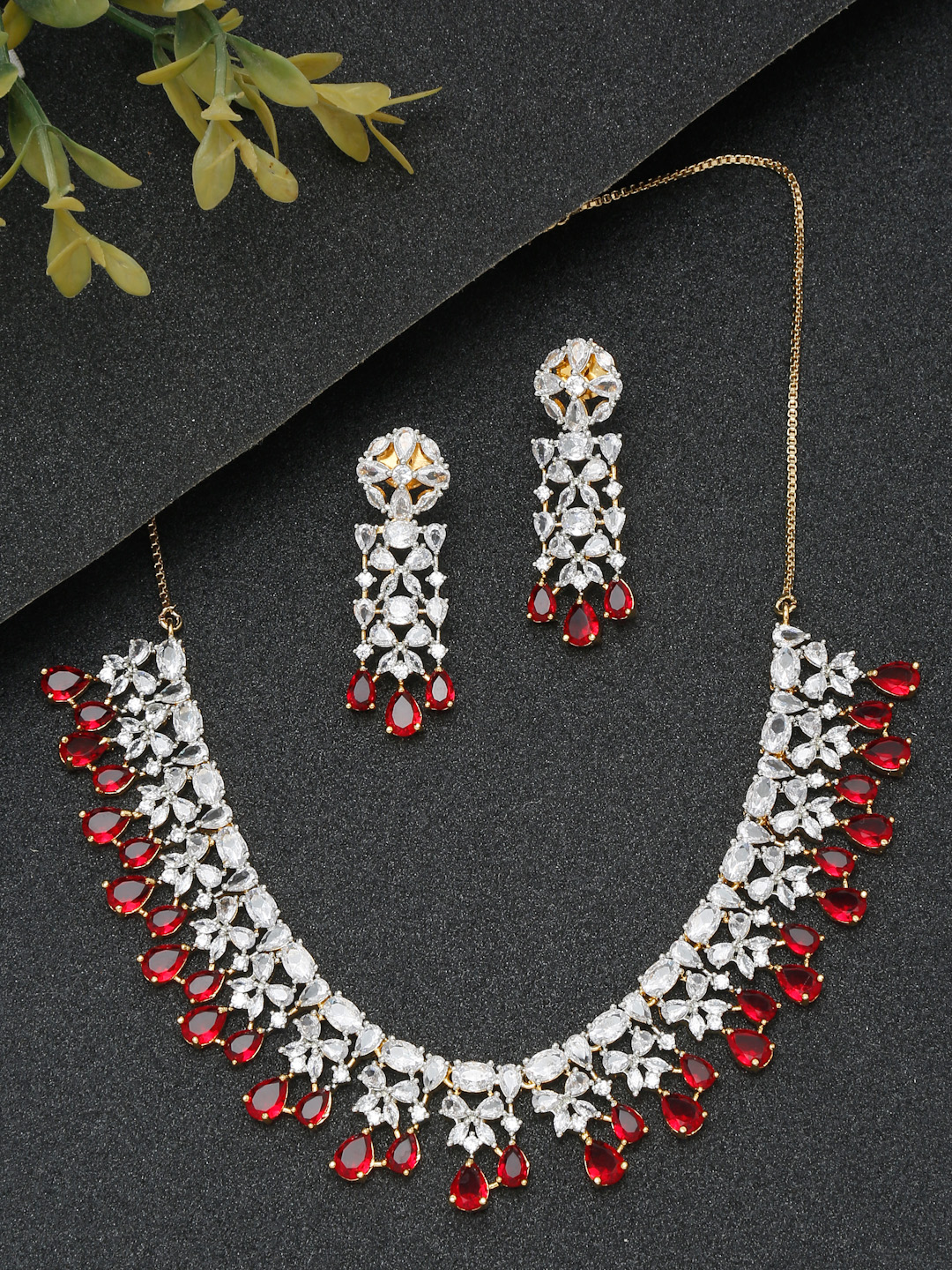 YouBella Jewellery Celebrity Inspired American Diamond Studded Necklace Jewellery Set with Earrings for Girls and Women (Red) (YBNK_50541)