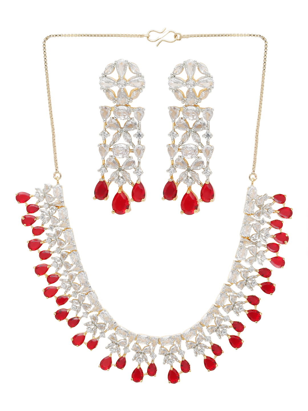 YouBella Jewellery Celebrity Inspired American Diamond Studded Necklace Jewellery Set with Earrings for Girls and Women (Red) (YBNK_50541)