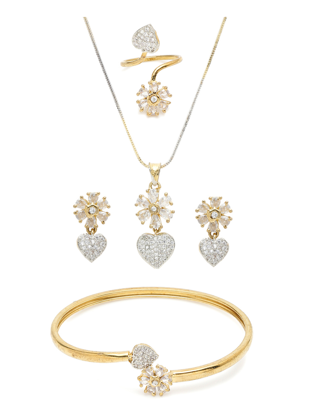 YouBella Jewellery Celebrity Inspired American Diamond Studded Necklace Jewellery Set with Earrings, Ring and Bracelet for Girls and Women (Gold) (YBNK_50542)