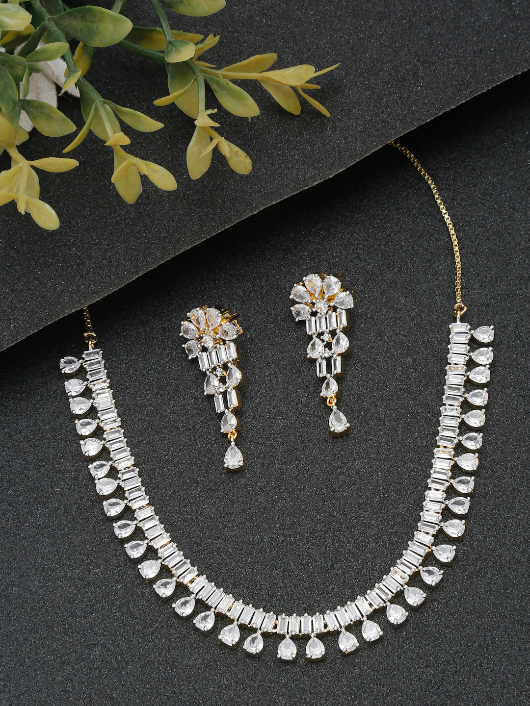 YouBella Jewellery Celebrity Inspired American Diamond Studded Necklace Jewellery Set with Earrings for Girls and Women (Gold) (YBNK_50543)