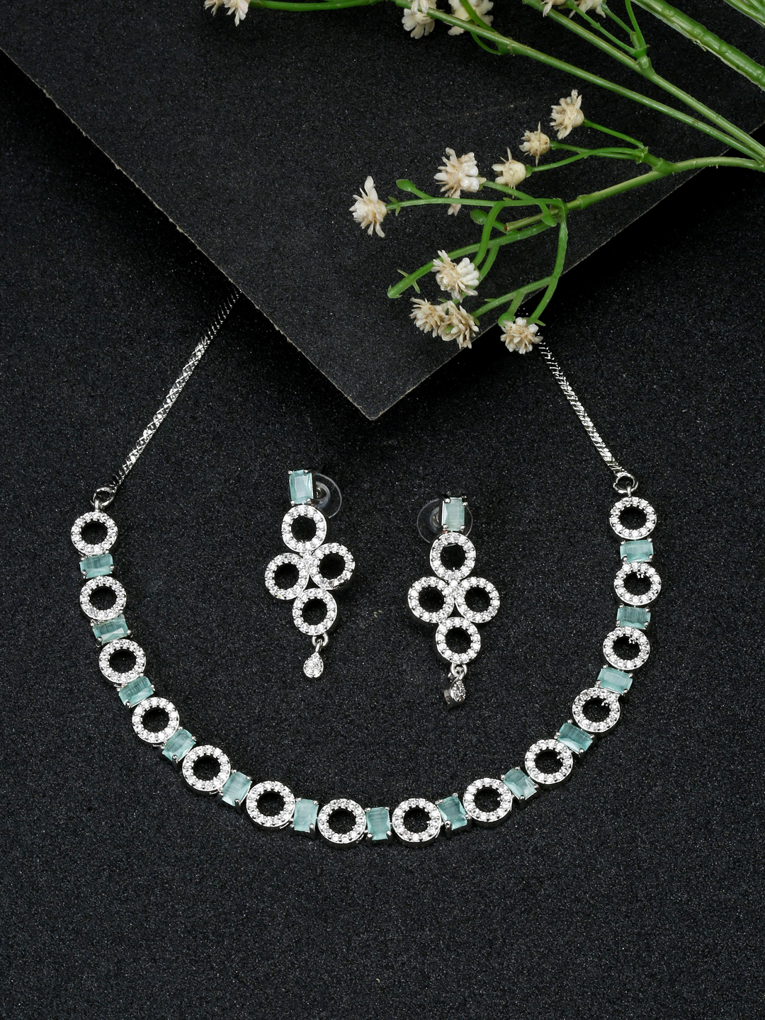 YouBella Jewellery Celebrity Inspired American Diamond Necklace Jewellery Set with Earrings for Girls and Women (Silver) (YBNK_50544)