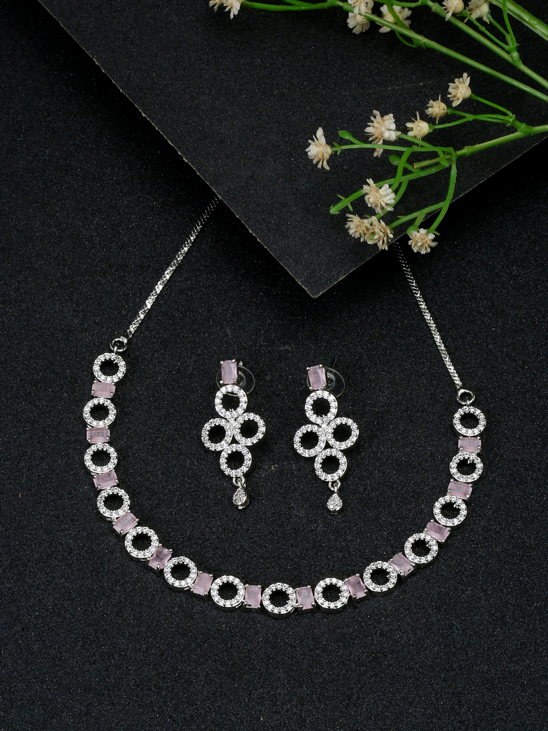 YouBella Jewellery Celebrity Inspired American Diamond Necklace Jewellery Set with Earrings for Girls and Women (Pink) (YBNK_50545)