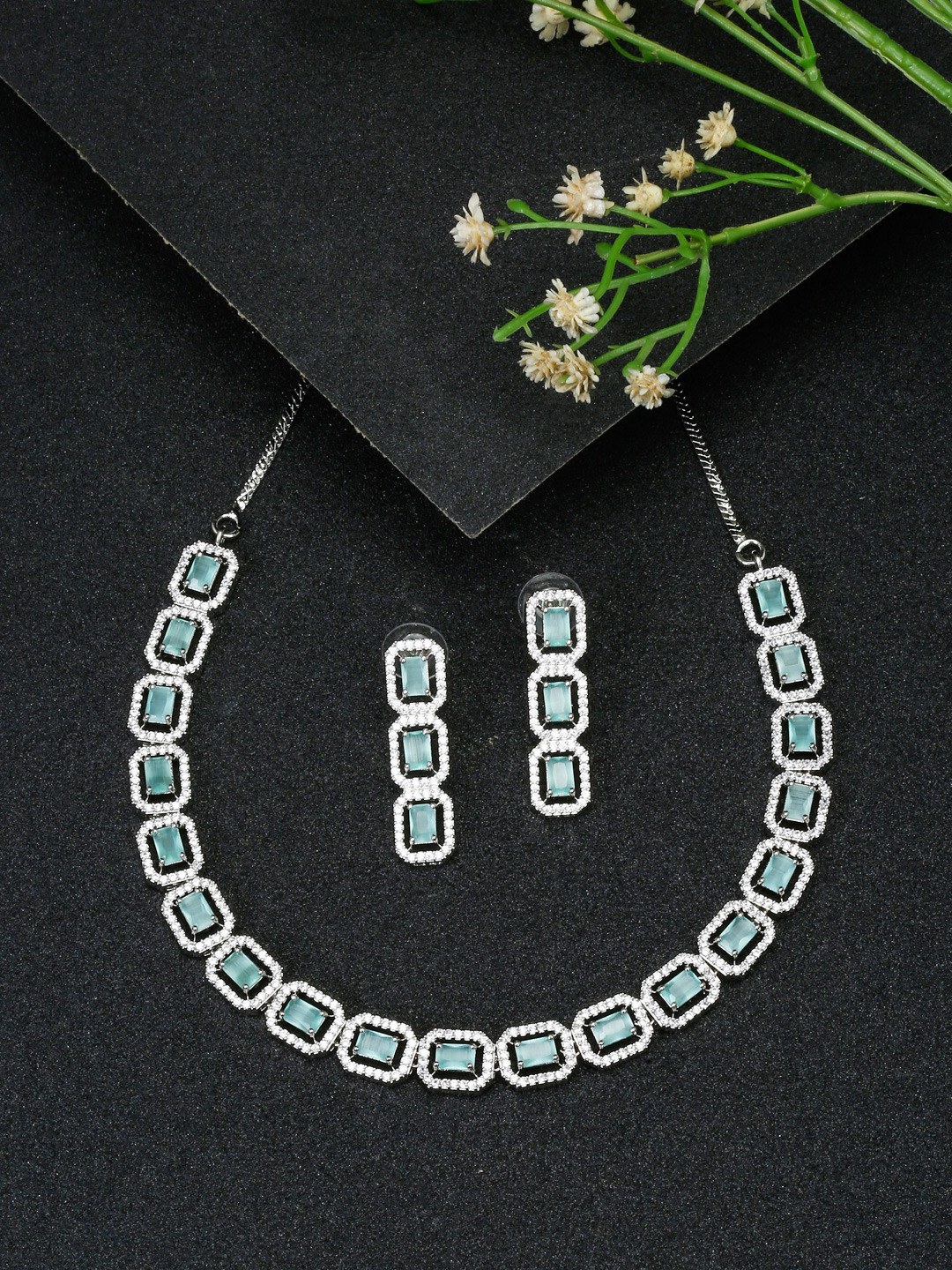 YouBella Jewellery Celebrity Inspired American Diamond Necklace Jewellery Set with Earrings for Girls and Women (Sea Green) (YBNK_50546)