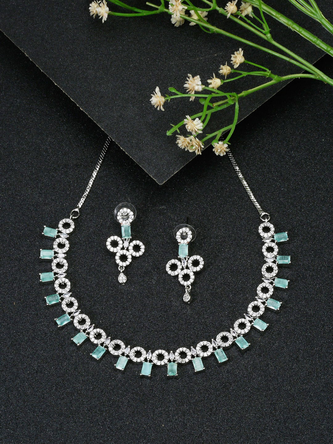 YouBella Jewellery Celebrity Inspired American Diamond Necklace Jewellery Set with Earrings for Girls and Women (Sea Green) (YBNK_50547)