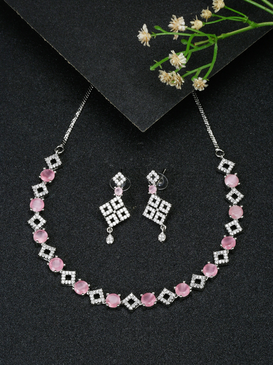 YouBella Jewellery Celebrity Inspired American Diamond Necklace Jewellery Set with Earrings for Girls and Women (Pink) (YBNK_50548)