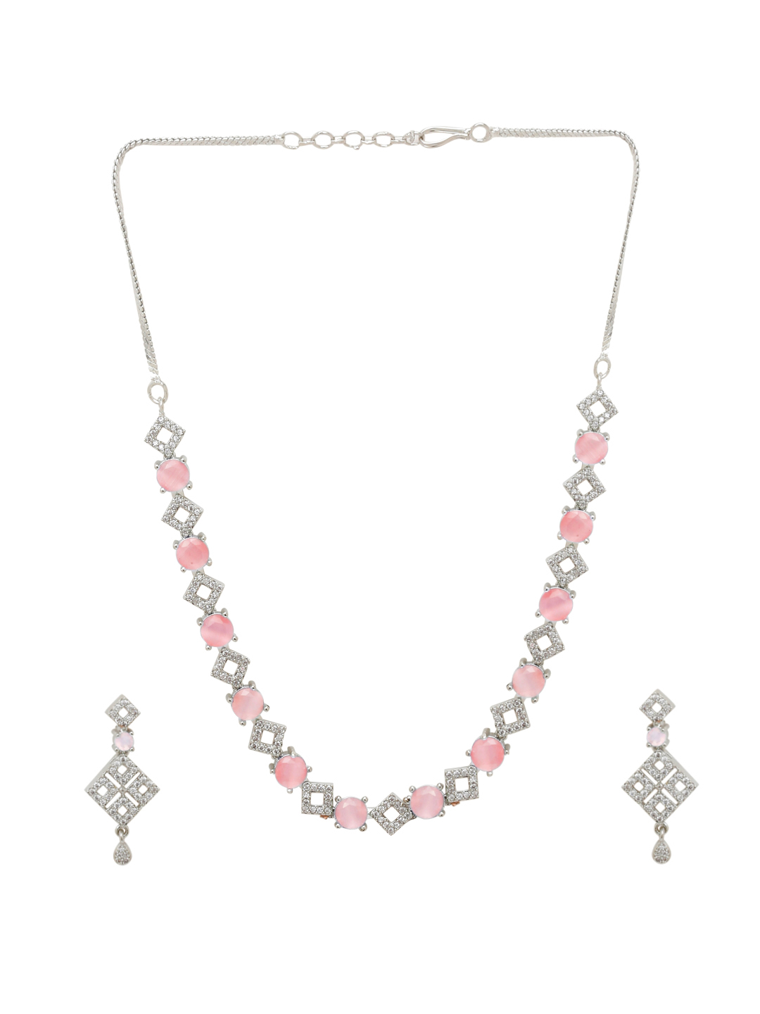YouBella Jewellery Celebrity Inspired American Diamond Necklace Jewellery Set with Earrings for Girls and Women (Pink) (YBNK_50548)