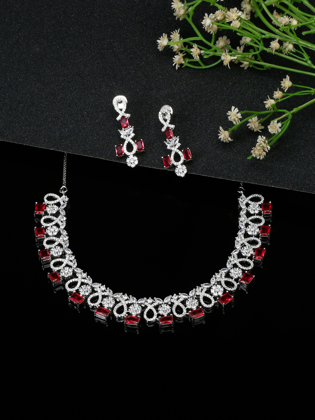 YouBella Jewellery Celebrity Inspired American Diamond Necklace Jewellery Set with Earrings for Girls and Women (Red) (YBNK_50549)