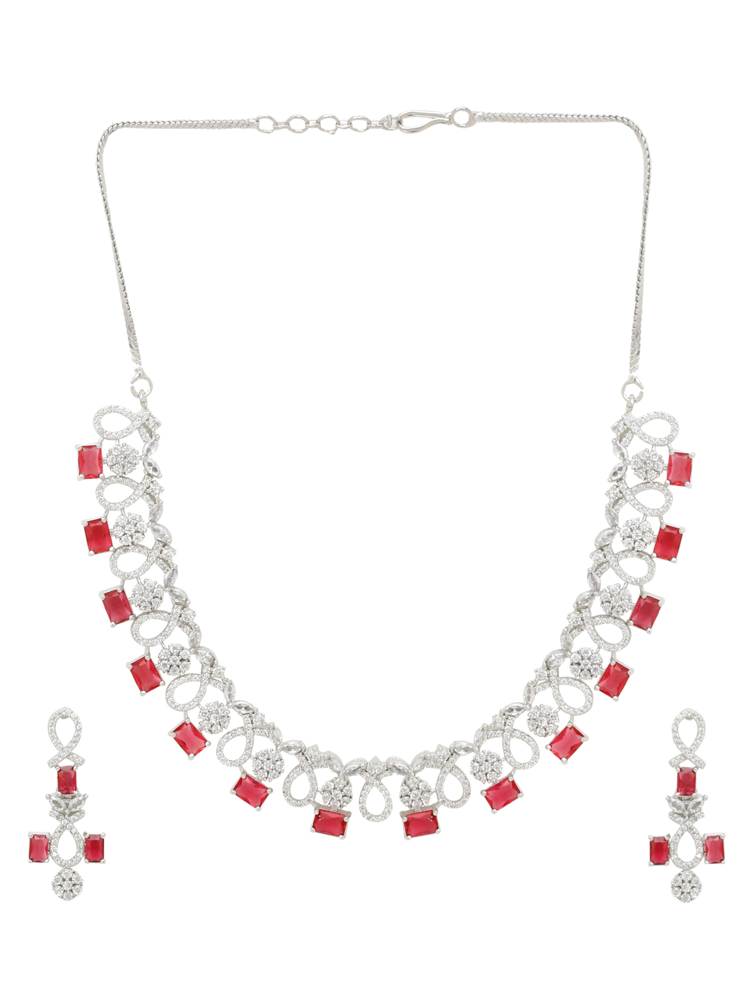 YouBella Jewellery Celebrity Inspired American Diamond Necklace Jewellery Set with Earrings for Girls and Women (Red) (YBNK_50549)