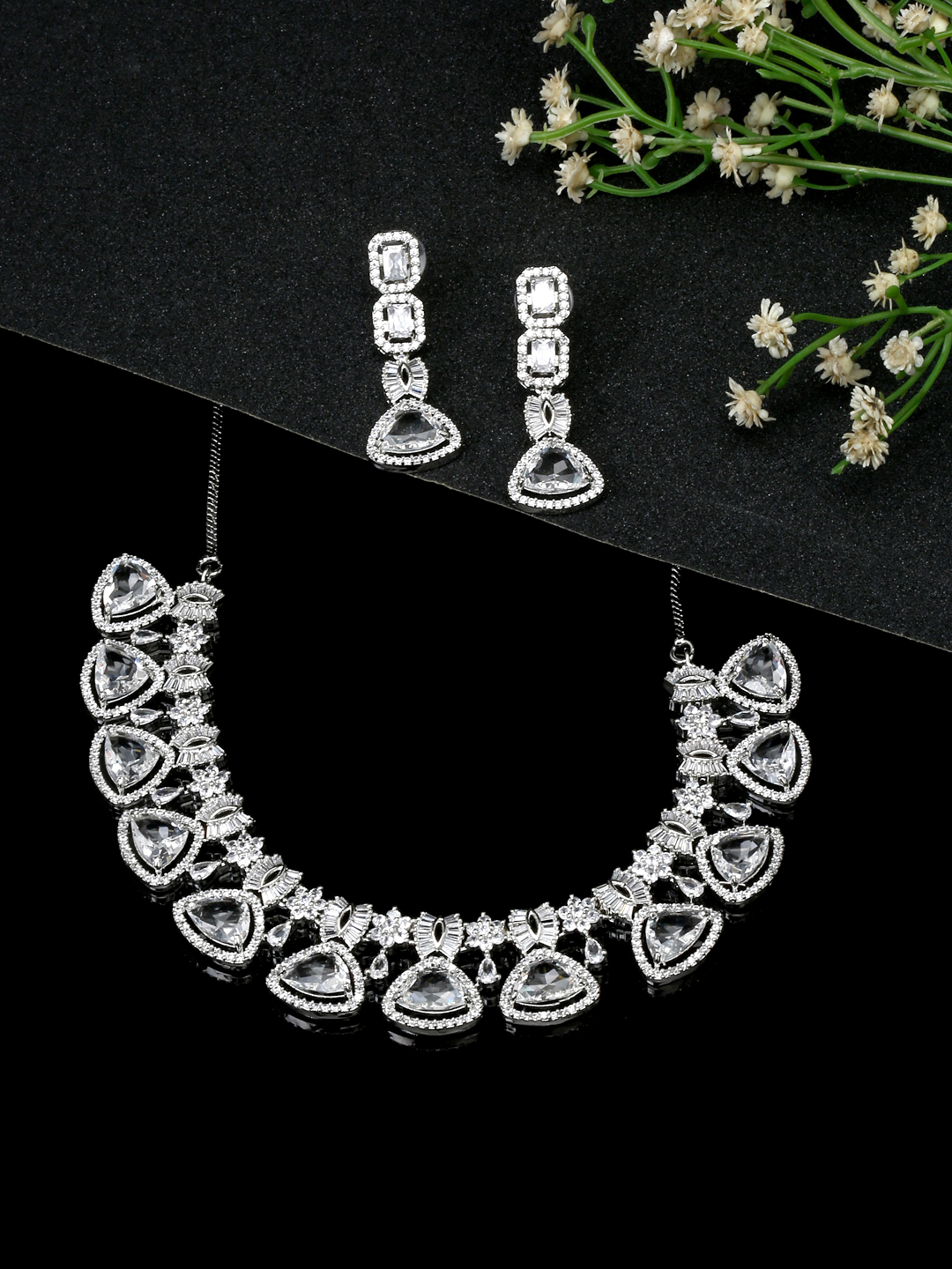 YouBella Jewellery Celebrity Inspired American Diamond Necklace Jewellery Set with Earrings for Girls and Women (Silver) (YBNK_50550)