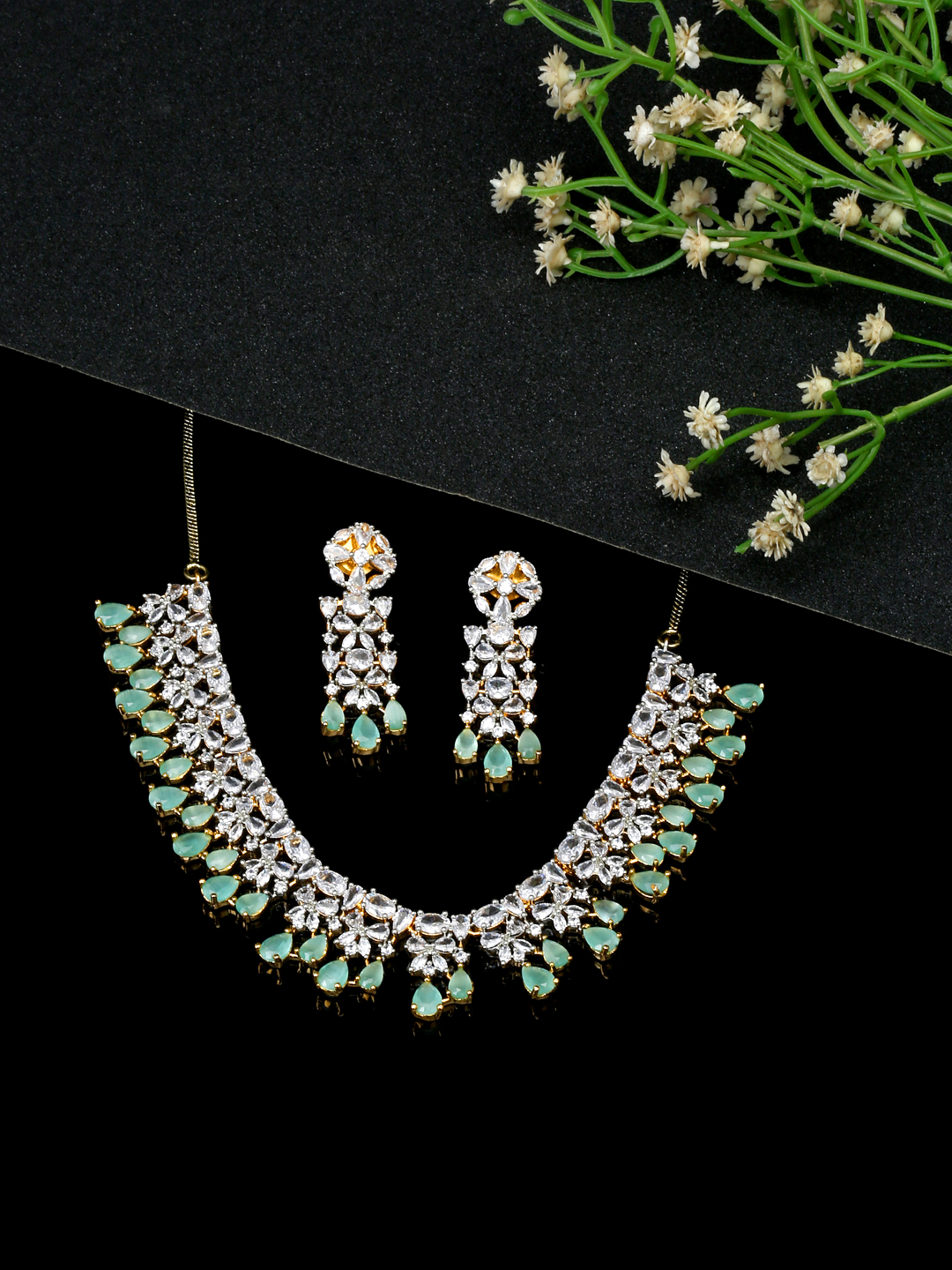 YouBella Jewellery Celebrity Inspired Gold Plated American Diamond Necklace Jewellery Set with Earrings for Girls and Women (Sea Green) (YBNK_50551)