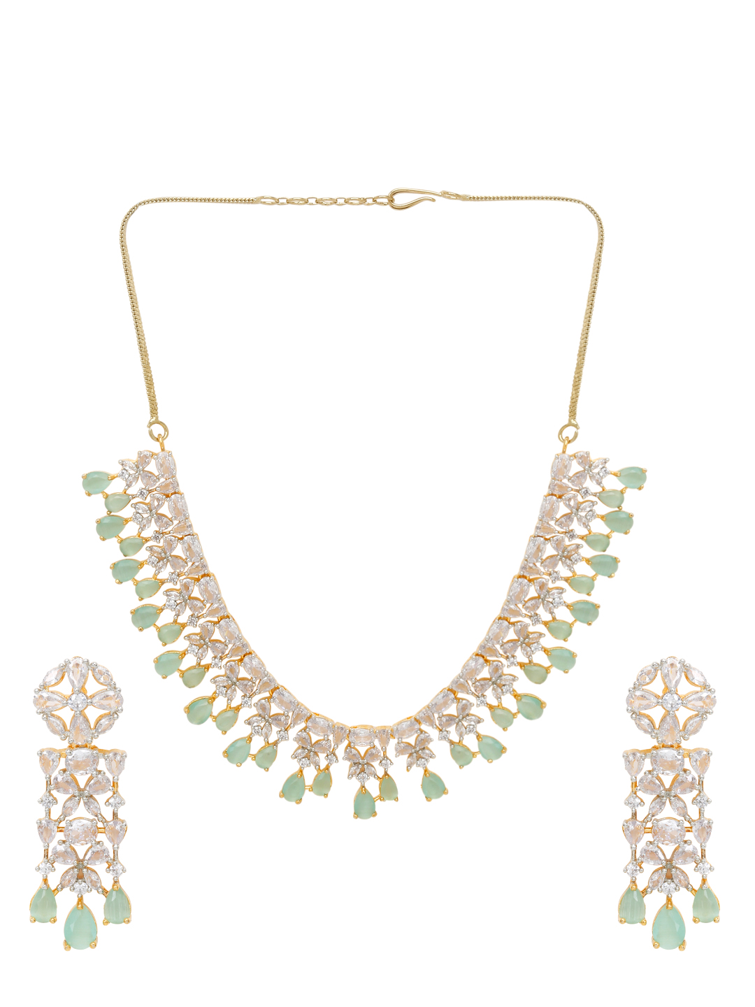 YouBella Jewellery Celebrity Inspired Gold Plated American Diamond Necklace Jewellery Set with Earrings for Girls and Women (Sea Green) (YBNK_50551)
