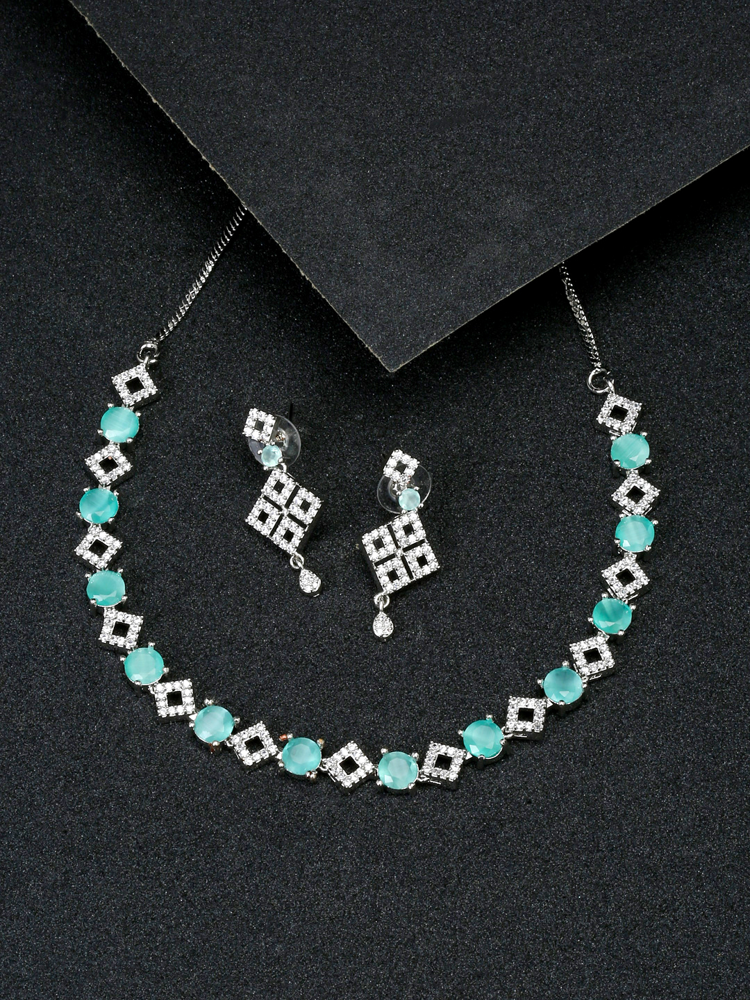 YouBella Jewellery Celebrity Inspired American Diamond Necklace Jewellery Set with Earrings for Girls and Women (Sea Green) (YBNK_50552)