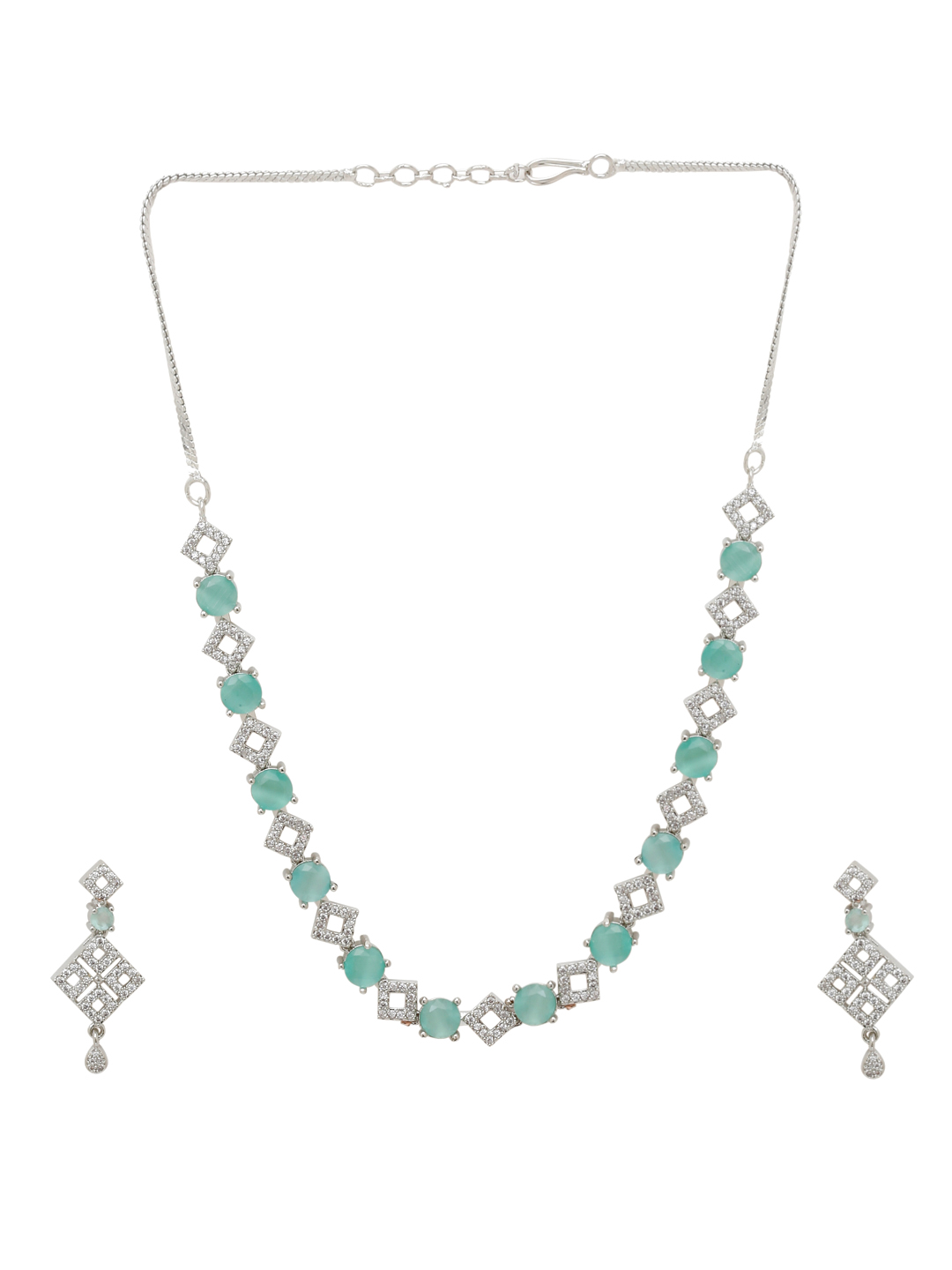 YouBella Jewellery Celebrity Inspired American Diamond Necklace Jewellery Set with Earrings for Girls and Women (Sea Green) (YBNK_50552)