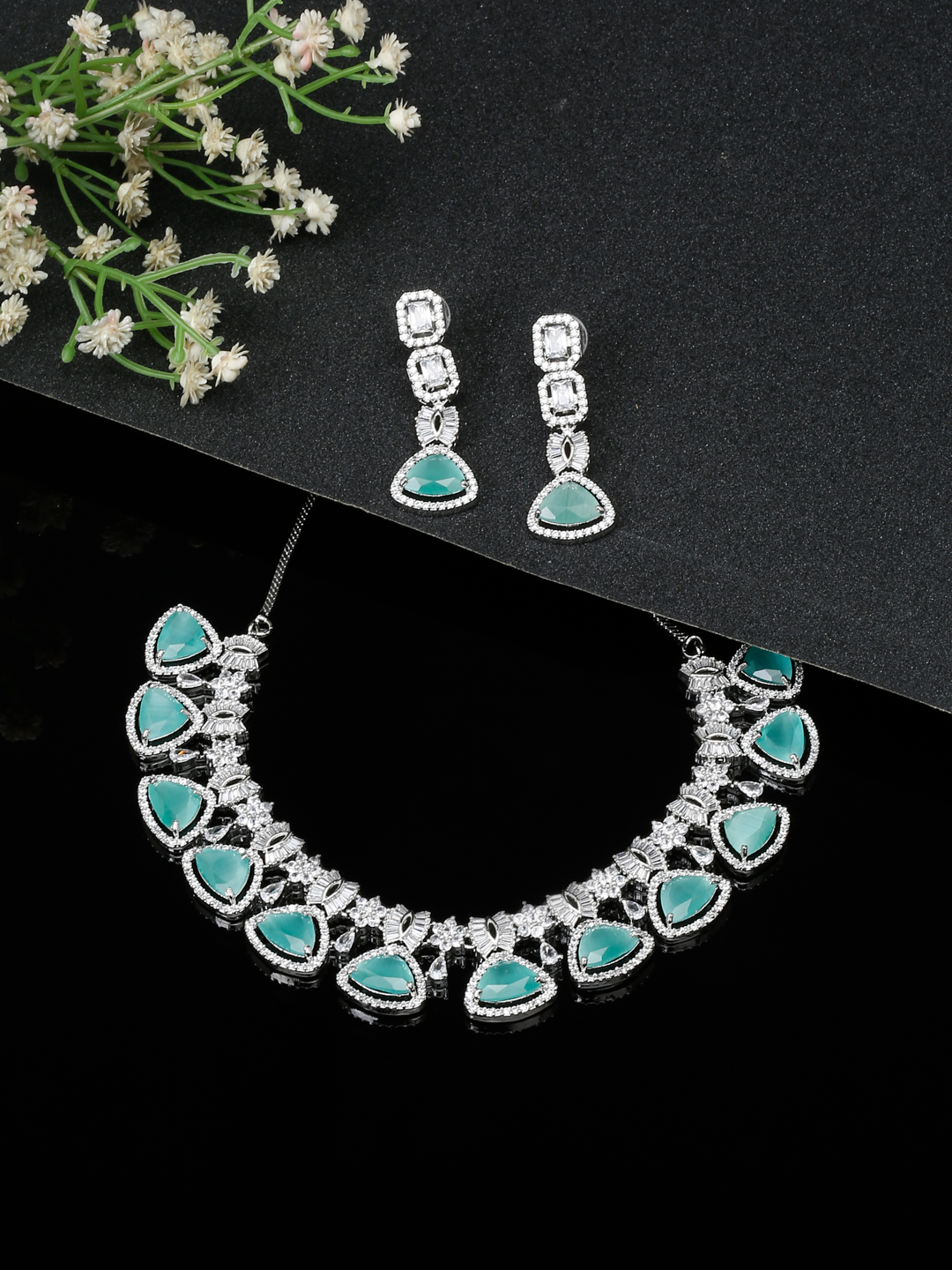 YouBella Jewellery Celebrity Inspired American Diamond Necklace Jewellery Set with Earrings for Girls and Women (Sea Green) (YBNK_50553)