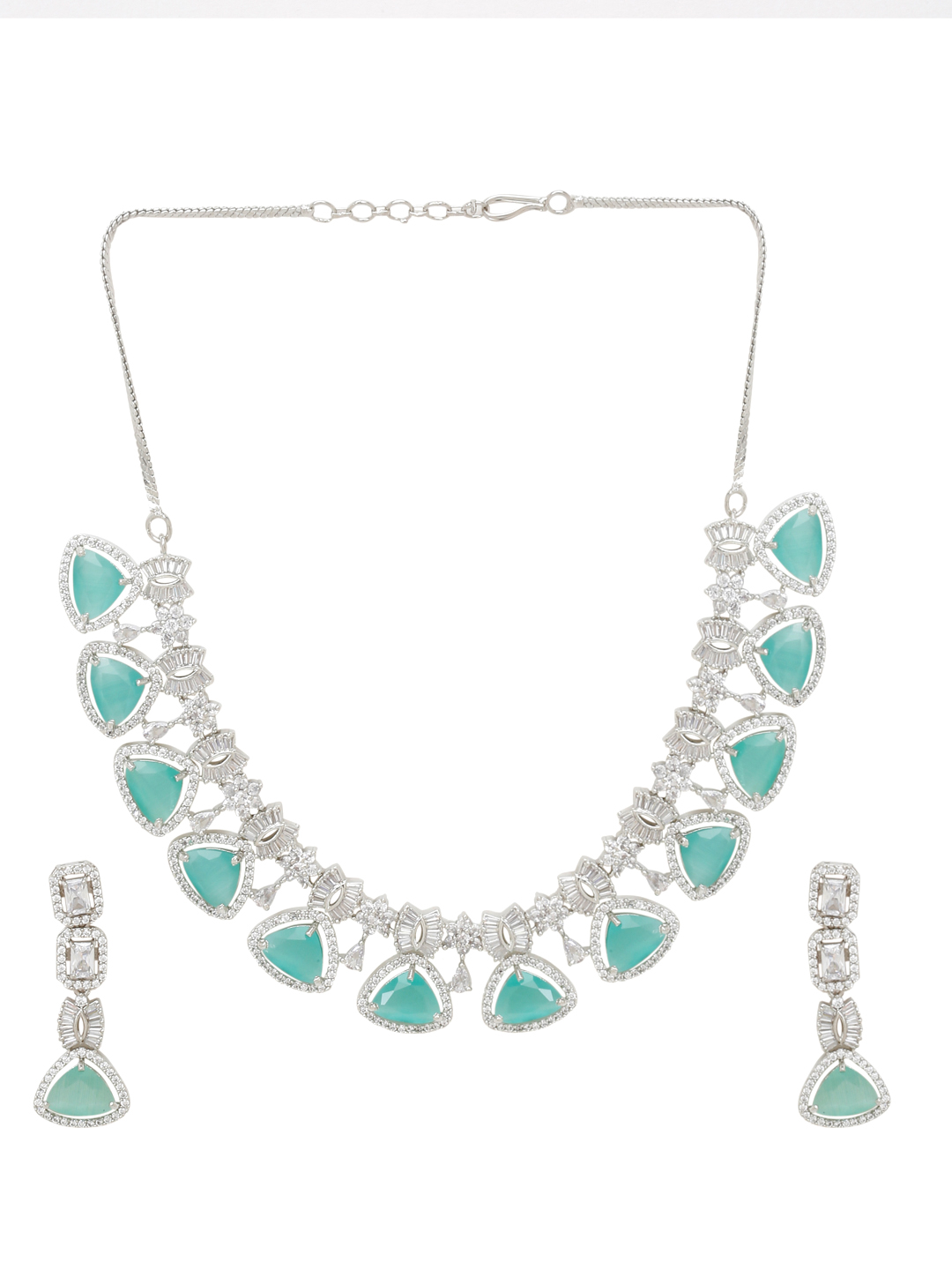 YouBella Jewellery Celebrity Inspired American Diamond Necklace Jewellery Set with Earrings for Girls and Women (Sea Green) (YBNK_50553)