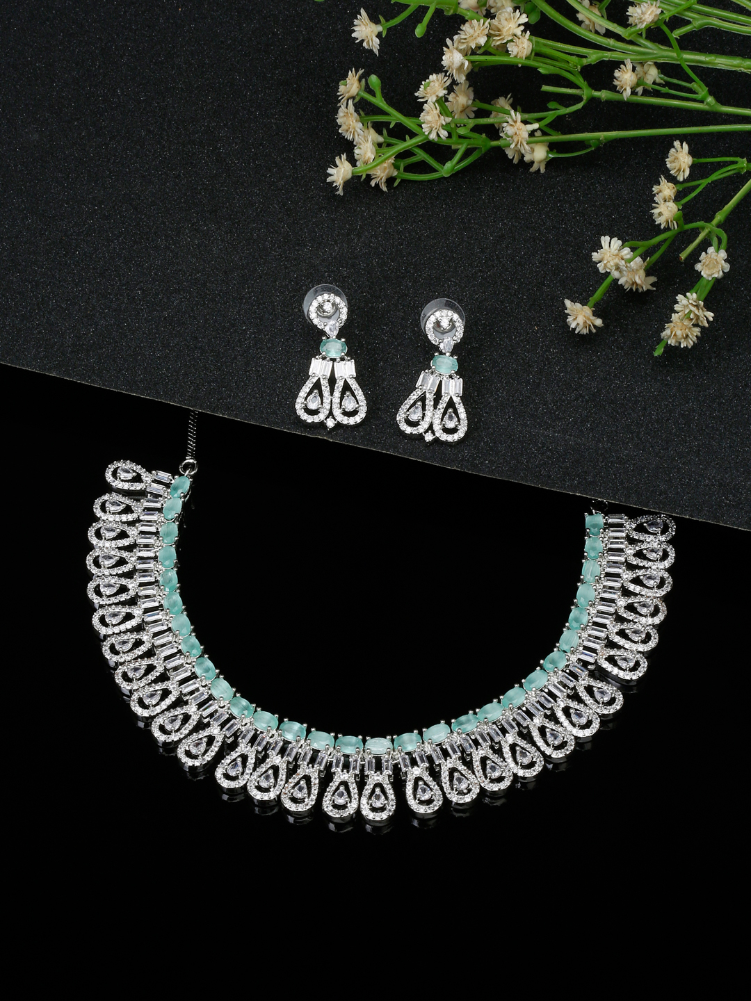 YouBella Jewellery Celebrity Inspired American Diamond Necklace Jewellery Set with Earrings for Girls and Women (Sea Green) (YBNK_50554)