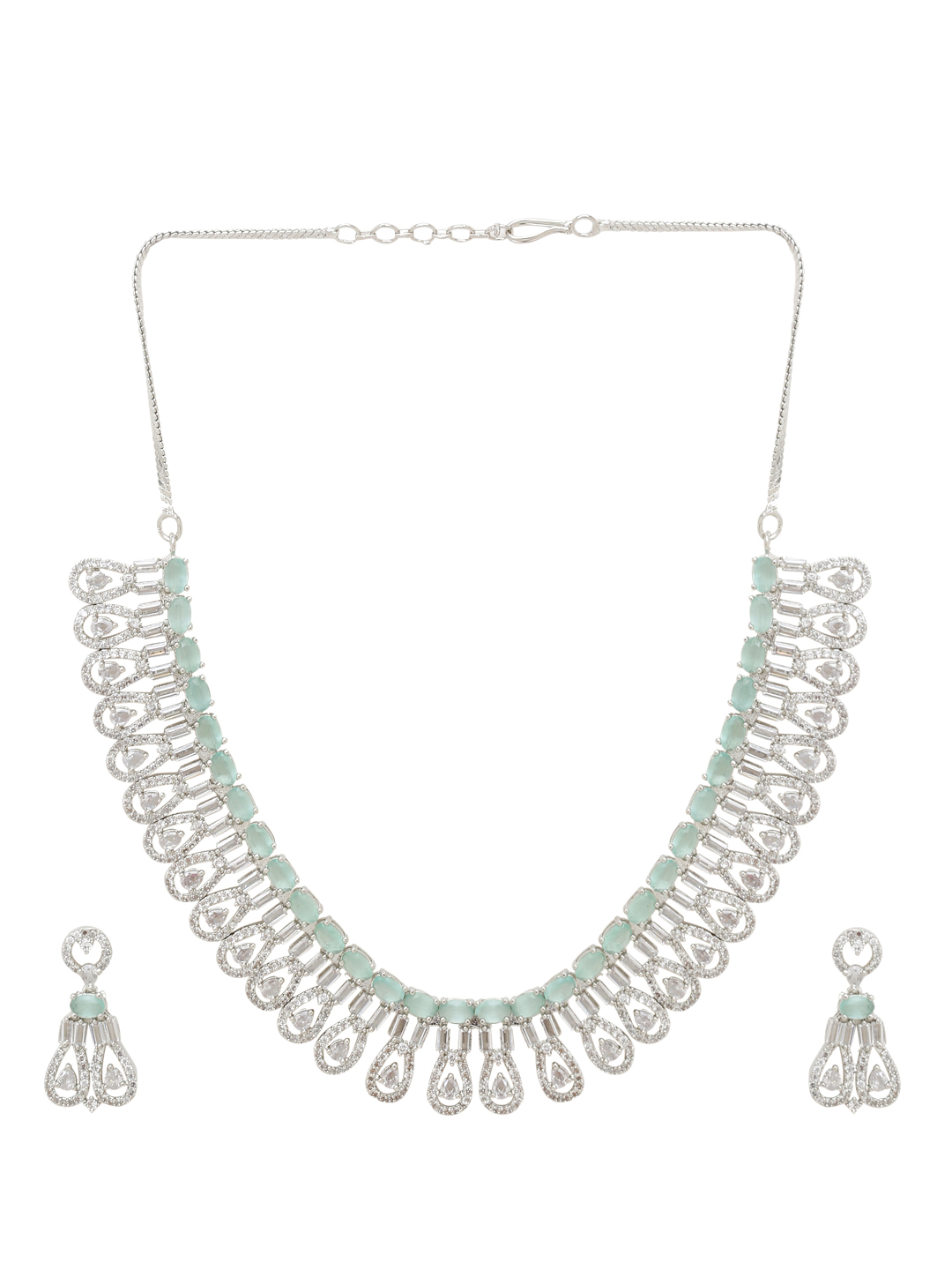 YouBella Jewellery Celebrity Inspired American Diamond Necklace Jewellery Set with Earrings for Girls and Women (Sea Green) (YBNK_50554)