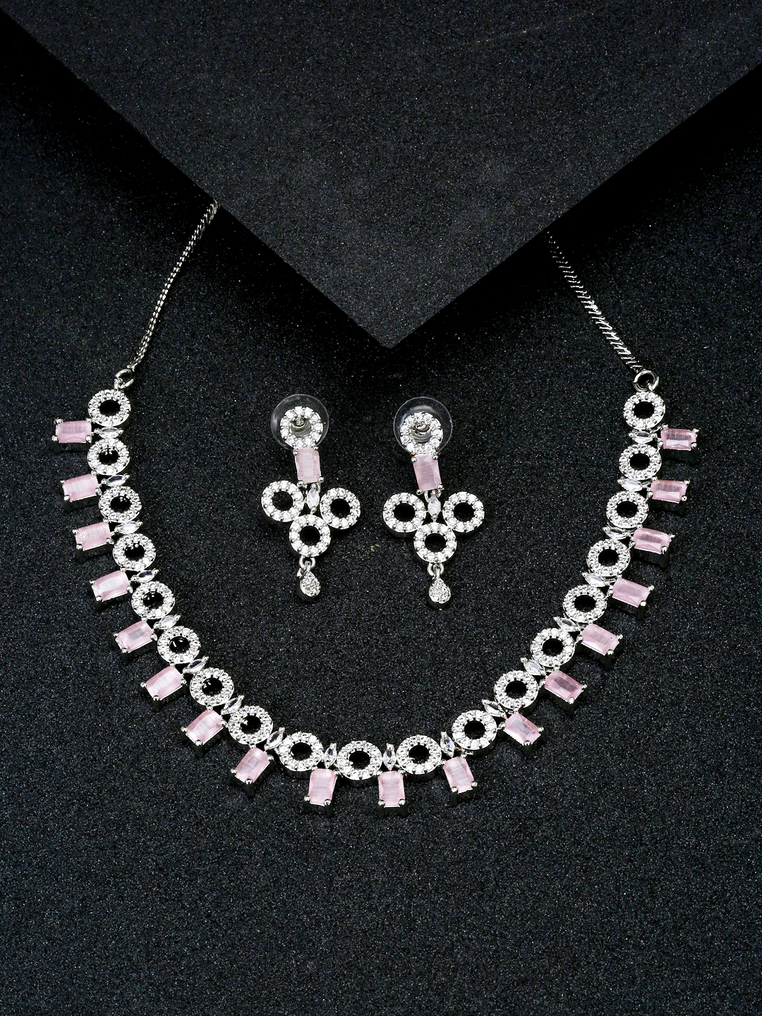 YouBella Jewellery Celebrity Inspired American Diamond Necklace Jewellery Set with Earrings for Girls and Women (Pink) (YBNK_50555)