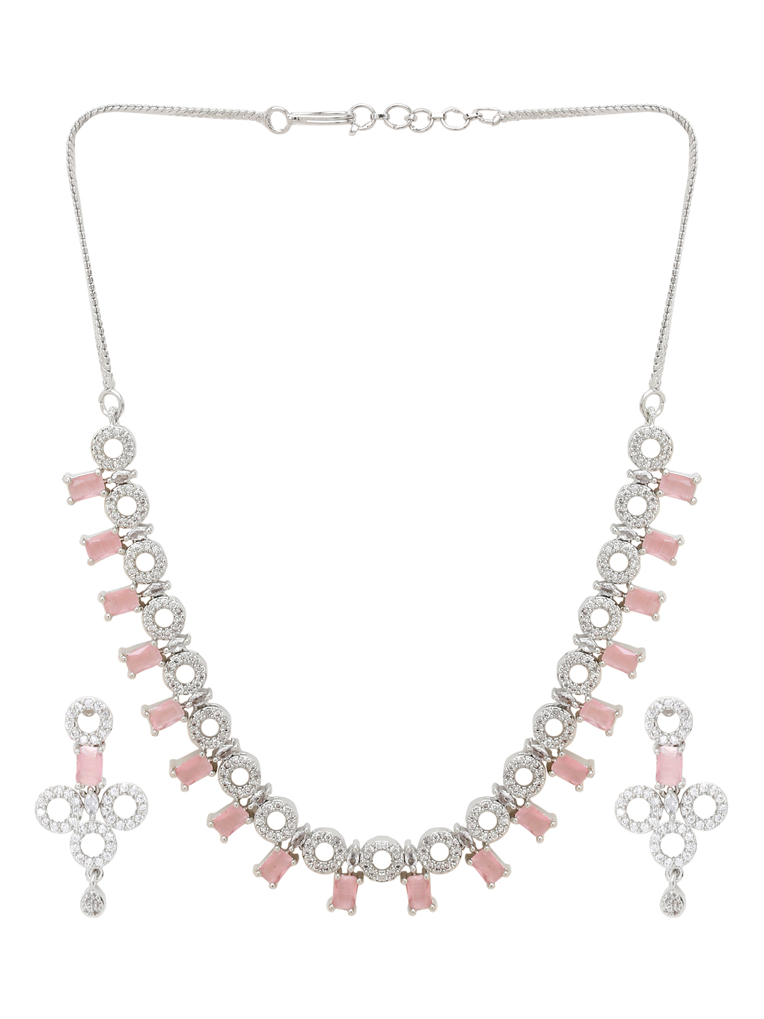YouBella Jewellery Celebrity Inspired American Diamond Necklace Jewellery Set with Earrings for Girls and Women (Pink) (YBNK_50555)