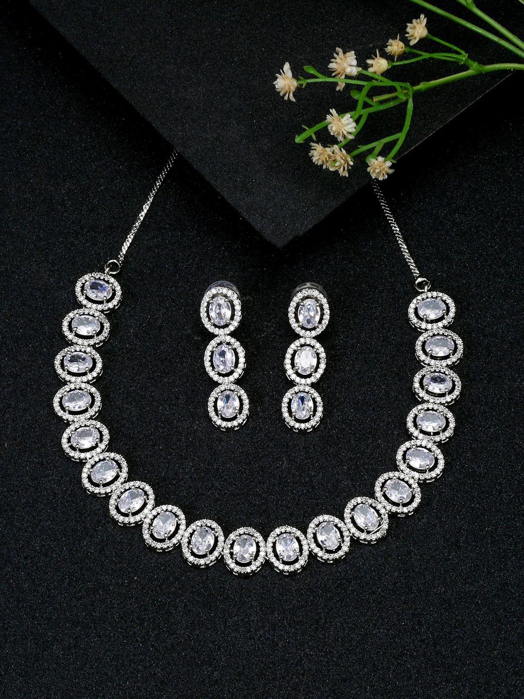 YouBella Jewellery Celebrity Inspired American Diamond Necklace Jewellery Set with Earrings for Girls and Women (Silver) (YBNK_50557)