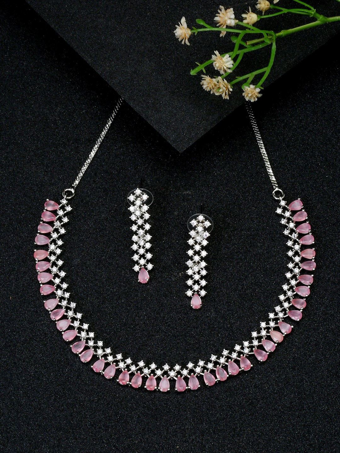 YouBella Jewellery Celebrity Inspired American Diamond Necklace Jewellery Set with Earrings for Girls and Women (Pink) (YBNK_50558)