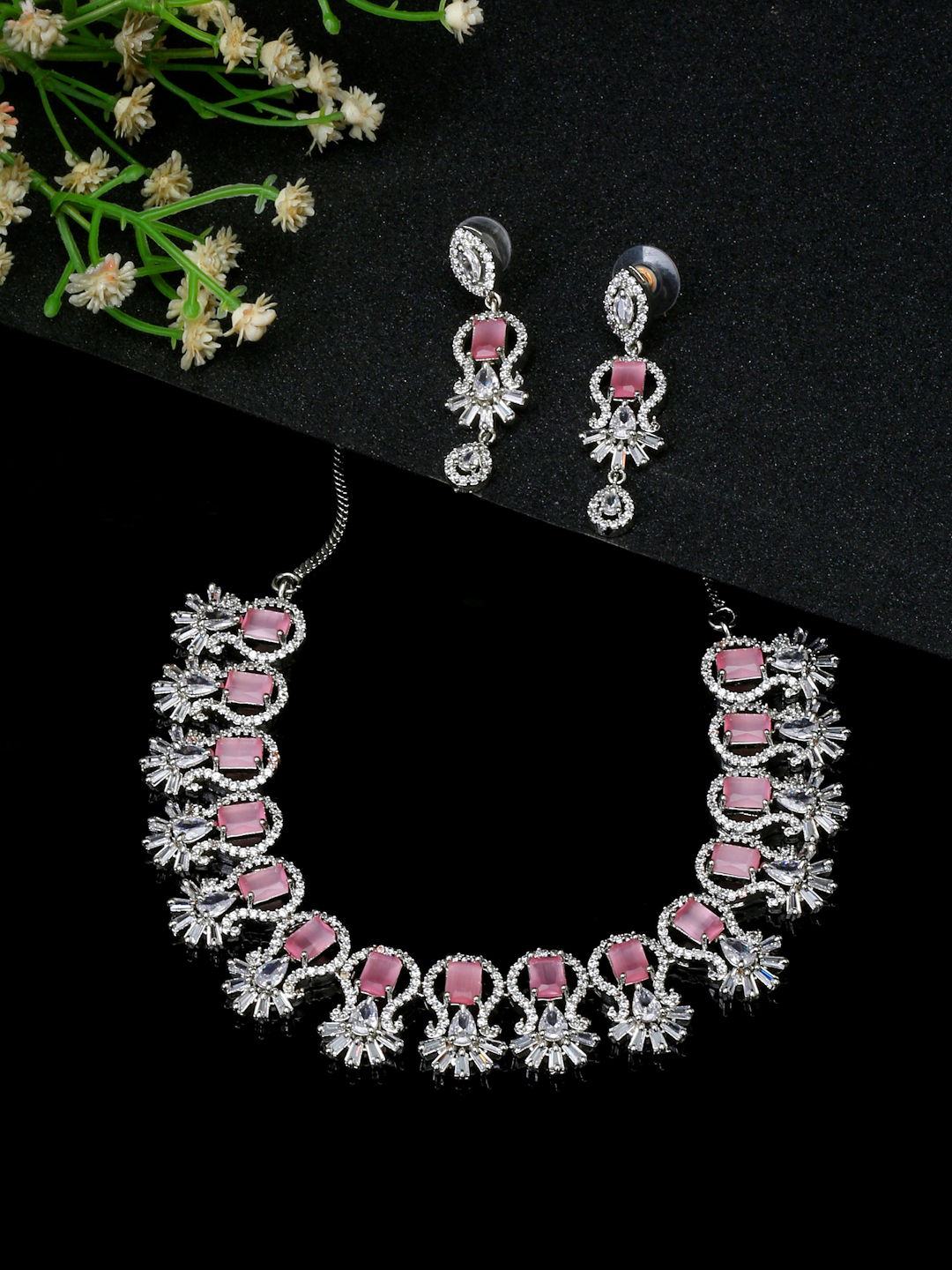 YouBella Jewellery Celebrity Inspired American Diamond Necklace Jewellery Set with Earrings for Girls and Women (Pink) (YBNK_50559)