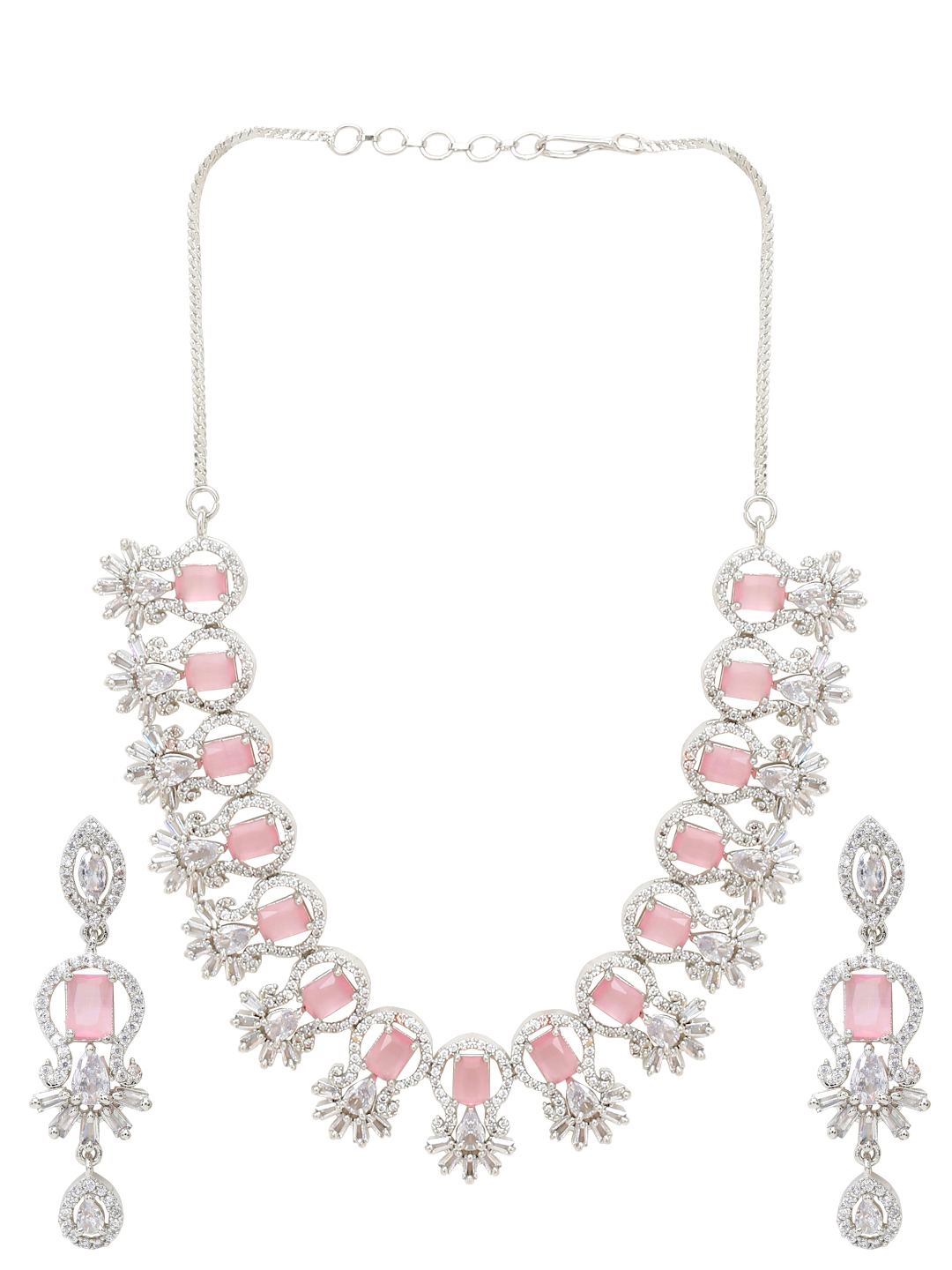 YouBella Jewellery Celebrity Inspired American Diamond Necklace Jewellery Set with Earrings for Girls and Women (Pink) (YBNK_50559)