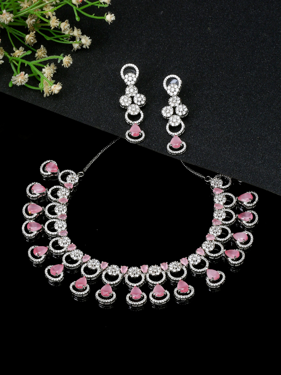 YouBella Jewellery Celebrity Inspired American Diamond Necklace Jewellery Set with Earrings for Girls and Women (Pink) (YBNK_50560)