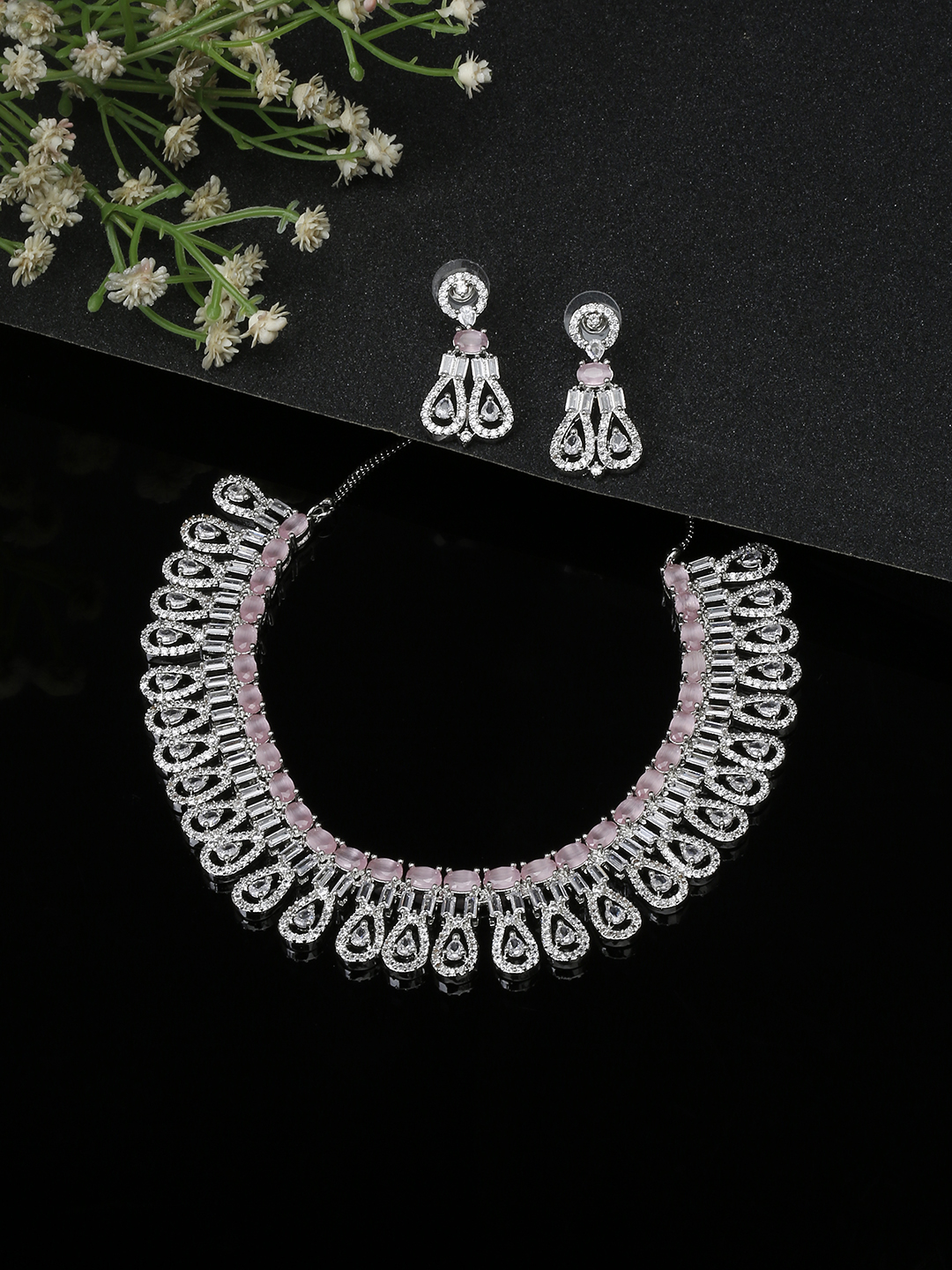 YouBella Jewellery Celebrity Inspired American Diamond Necklace Jewellery Set with Earrings for Girls and Women (Pink) (YBNK_50561)