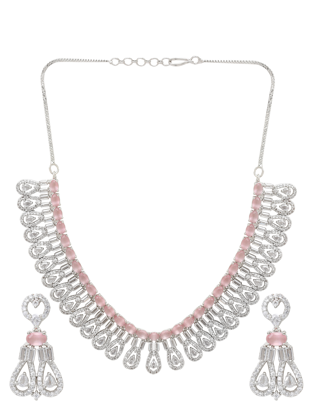 YouBella Jewellery Celebrity Inspired American Diamond Necklace Jewellery Set with Earrings for Girls and Women (Pink) (YBNK_50561)