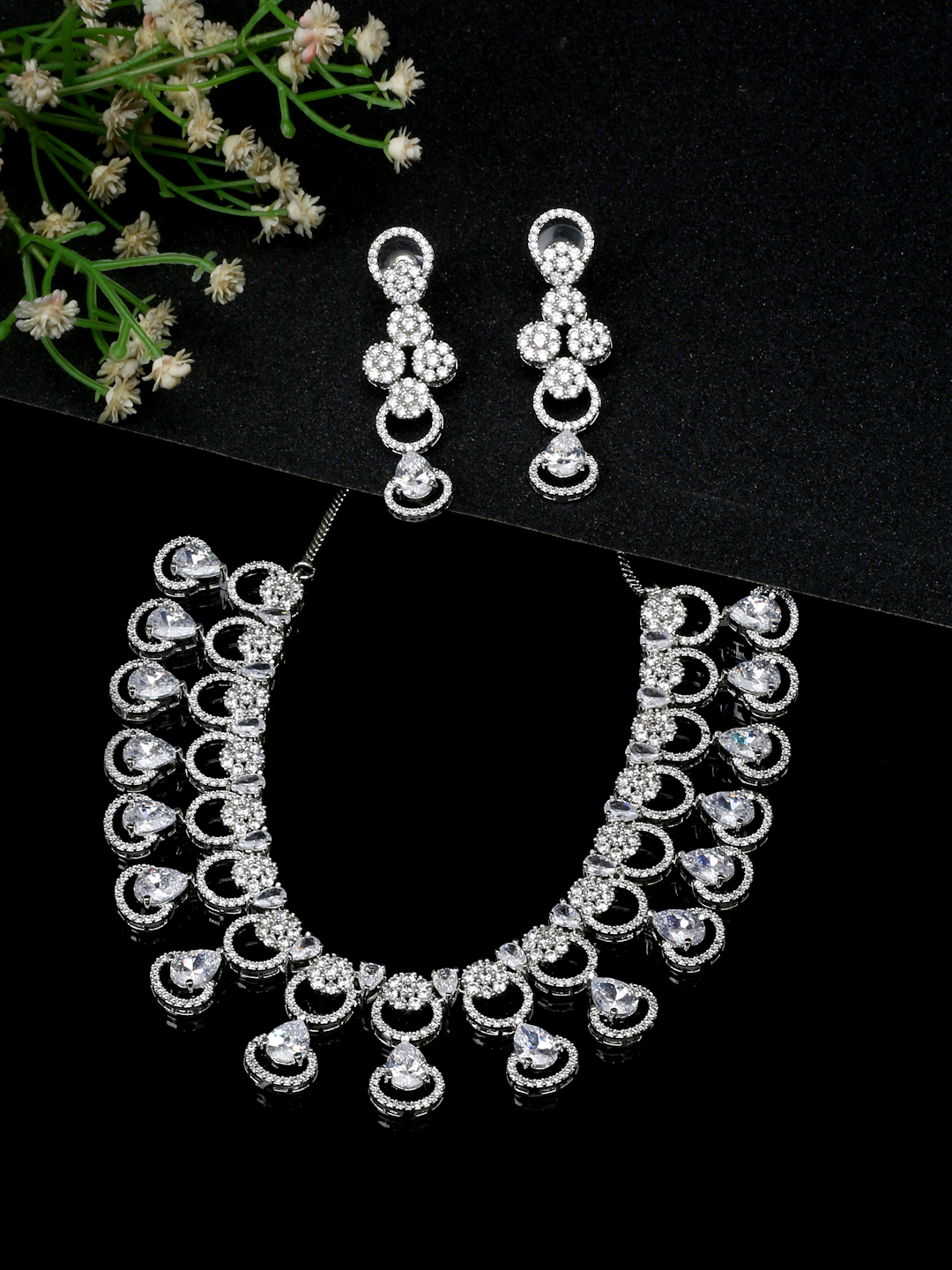 YouBella Jewellery Celebrity Inspired American Diamond Necklace Jewellery Set with Earrings for Girls and Women (Silver) (YBNK_50562)