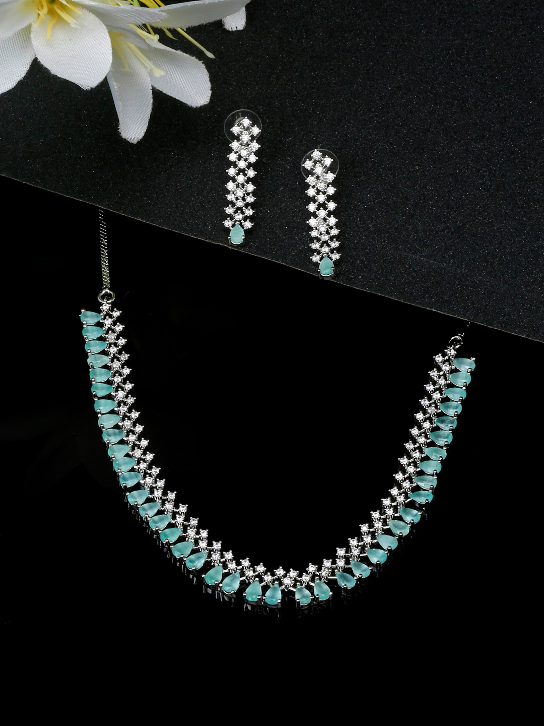 YouBella Jewellery Celebrity Inspired American Diamond Necklace Jewellery Set with Earrings for Girls and Women (Sea Green) (YBNK_50563)