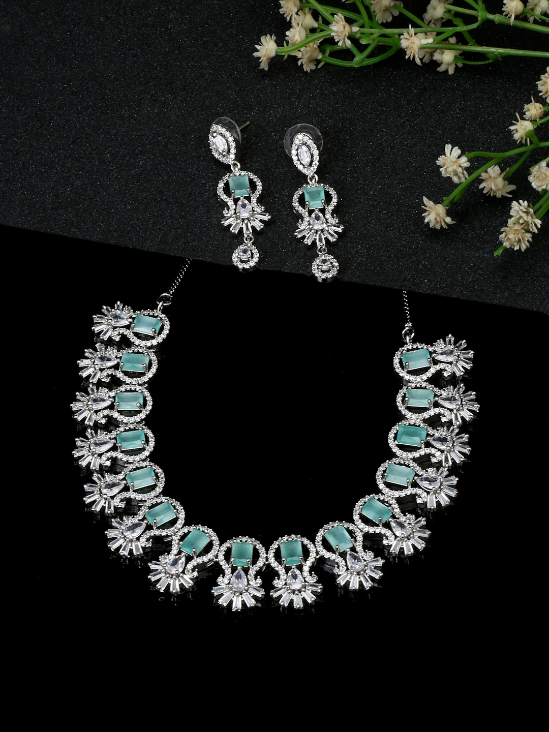 YouBella Jewellery Celebrity Inspired American Diamond Necklace Jewellery Set with Earrings for Girls and Women (Sea Green) (YBNK_50564)