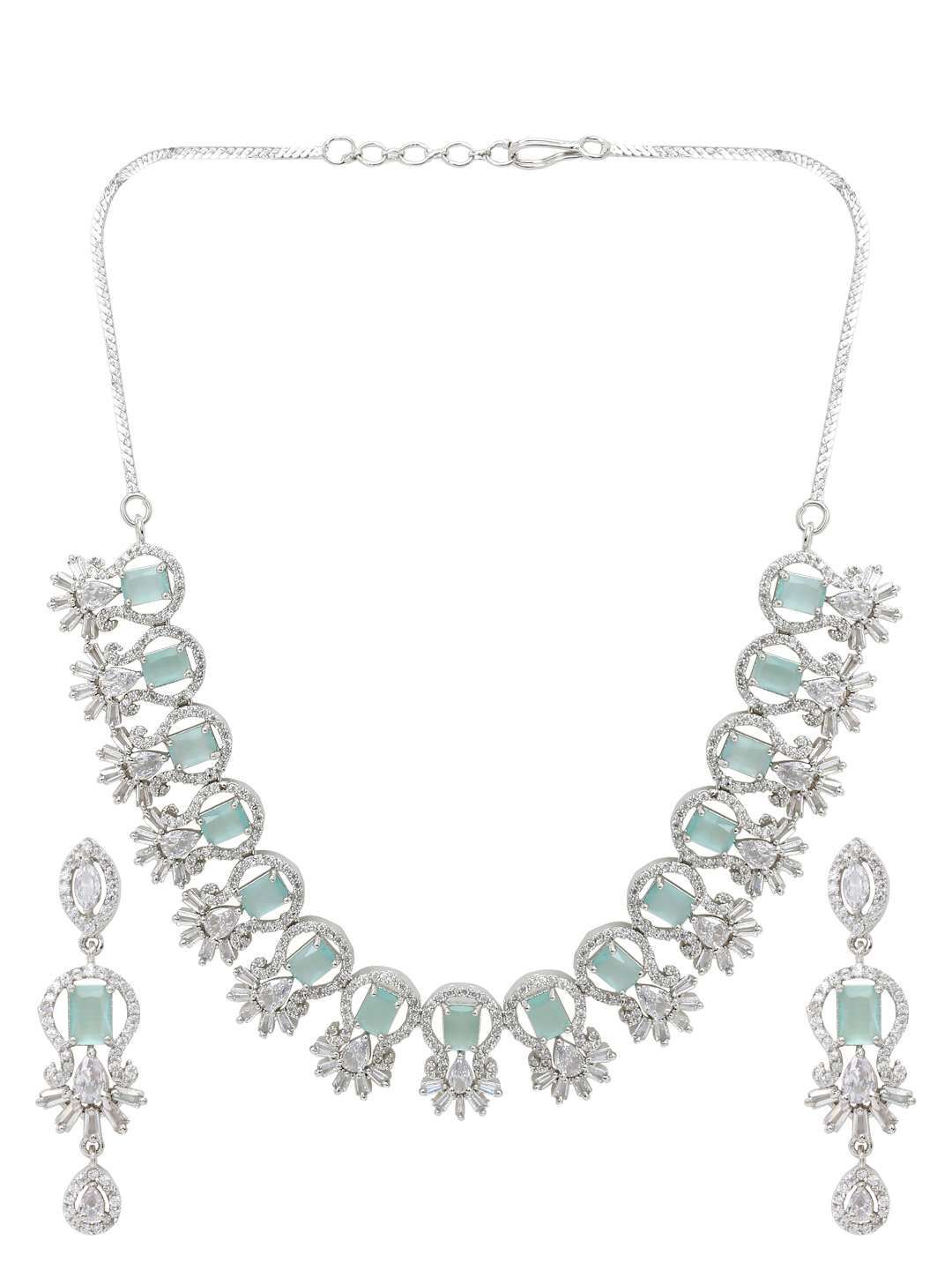 YouBella Jewellery Celebrity Inspired American Diamond Necklace Jewellery Set with Earrings for Girls and Women (Sea Green) (YBNK_50564)