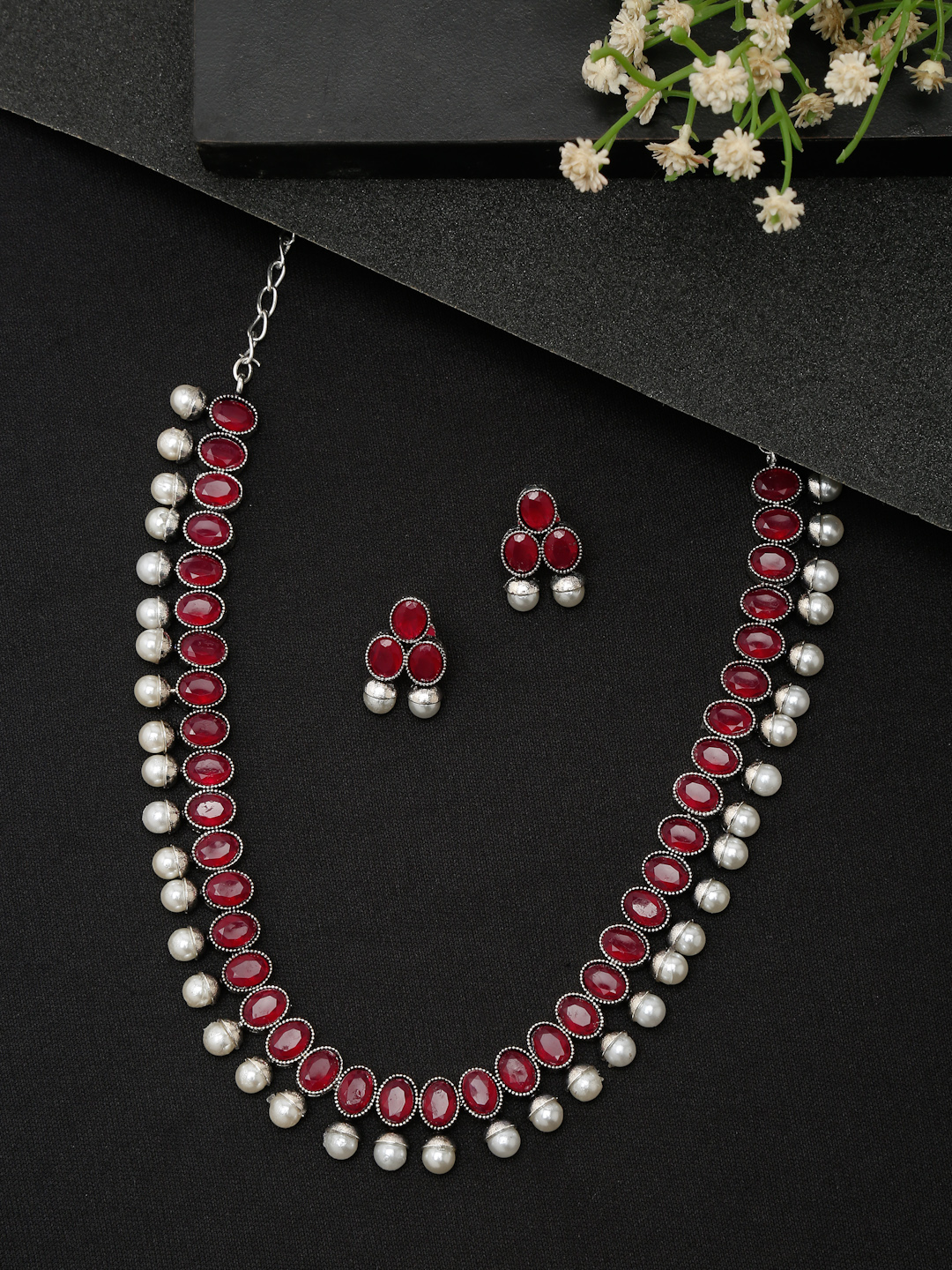 YouBella Jewellery Set for Women Oxidised Silver TradItional Necklace Jewellery Set with Earrings for Girls and Women (Pink)