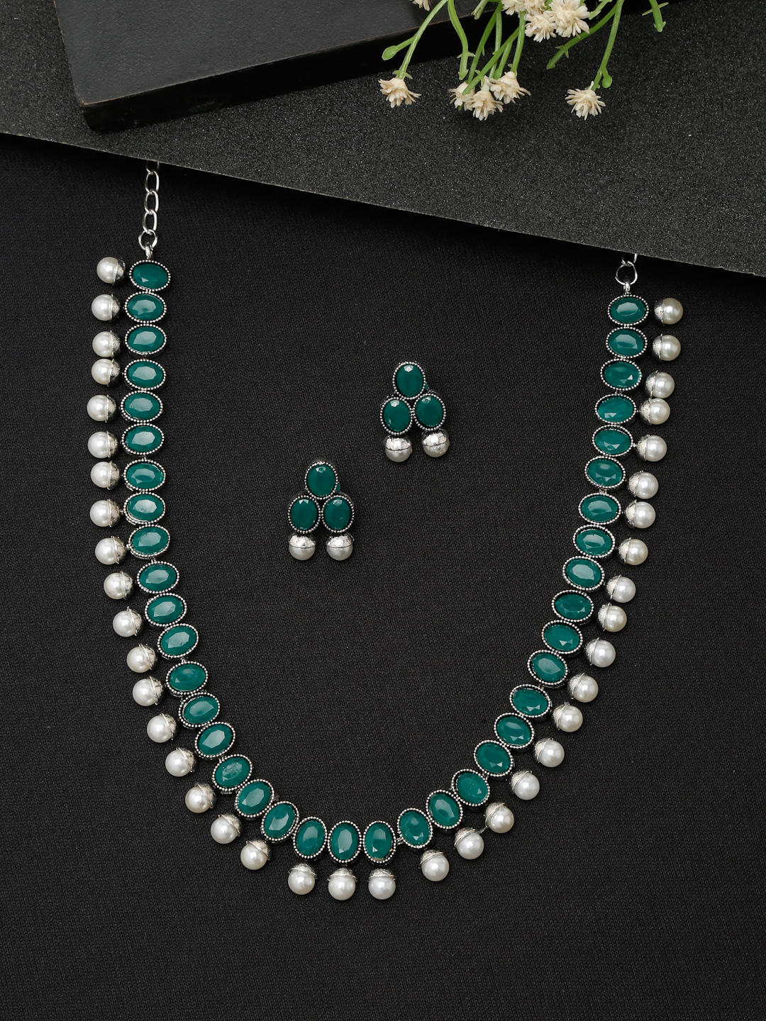 YouBella Jewellery Set for Women Oxidised Silver TradItional Necklace Jewellery Set with Earrings for Girls and Women (Green)