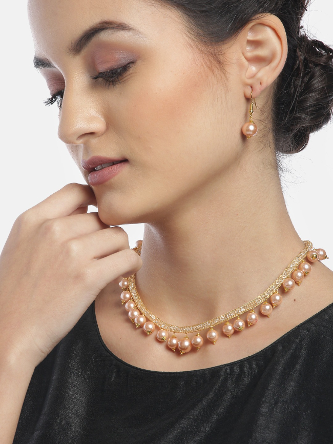 YouBella Pink Gold-Plated Stone-Studded Beaded Jewellery Set