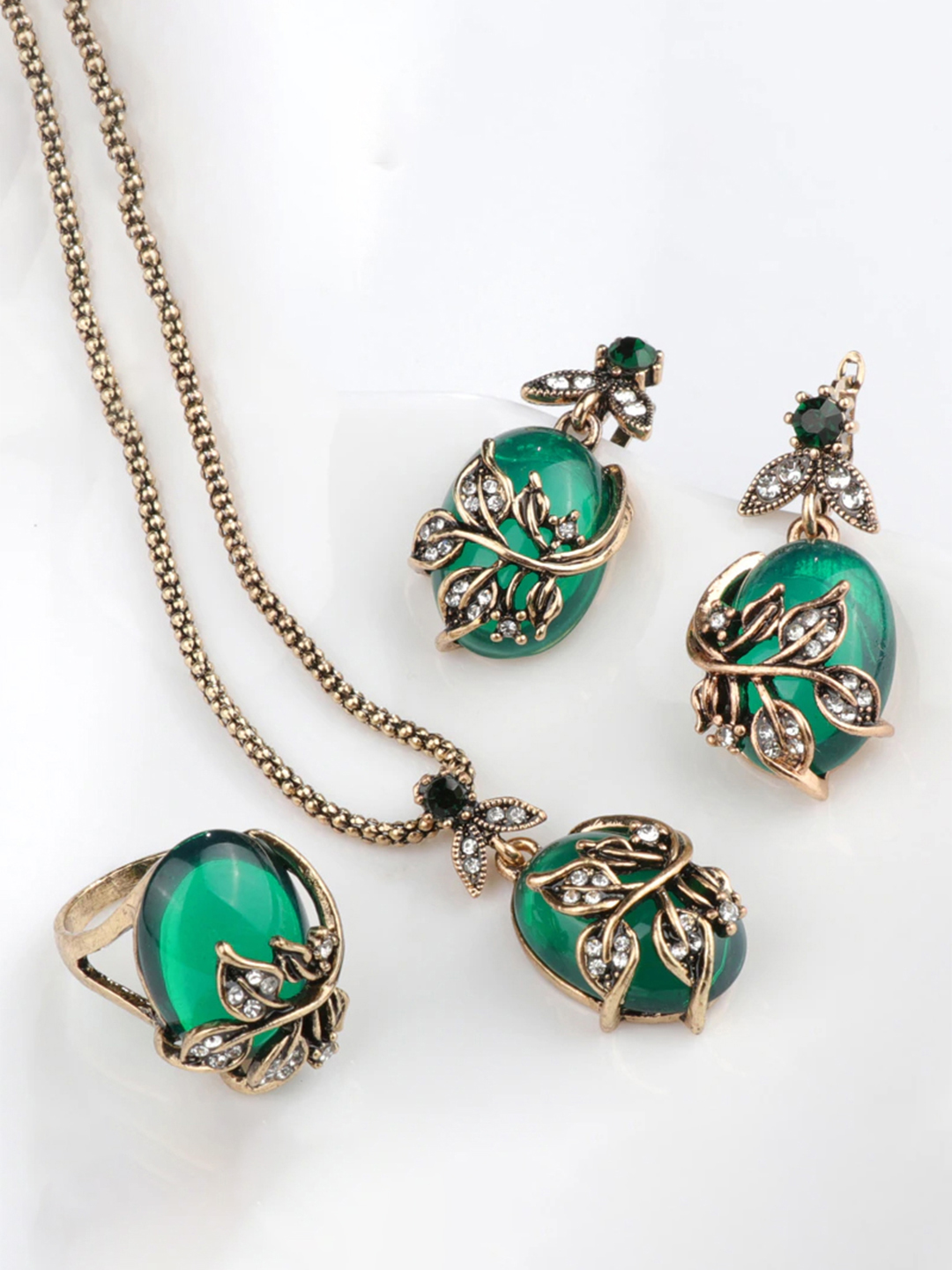 YouBella Jewellery Set for Women Gold Plated Necklace Jewellery Set with Earrings and Ring for Girls and Women (YBNK_50578) (Green)