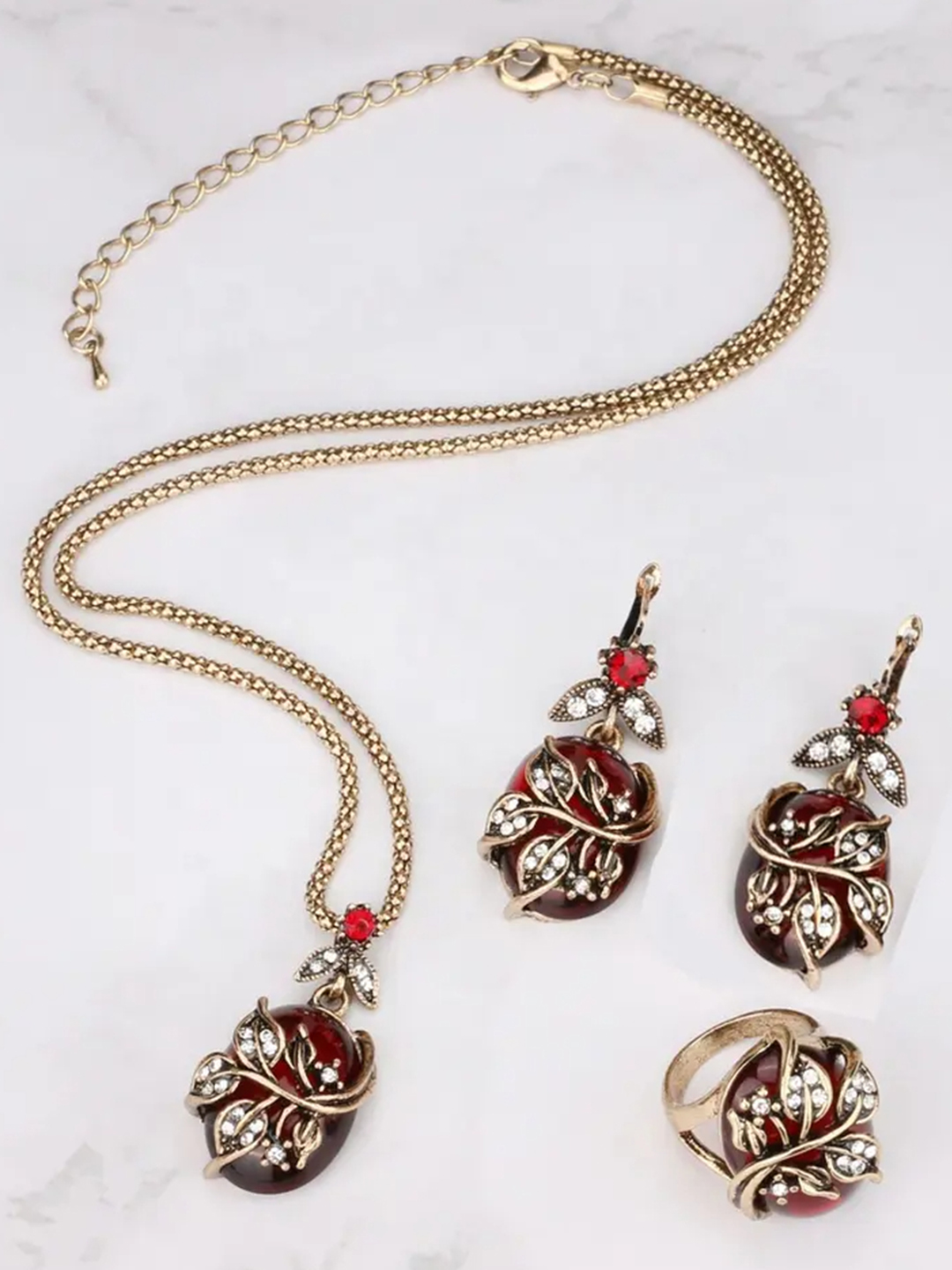 YouBella Jewellery Set for Women Gold Plated Necklace Jewellery Set with Earrings and Ring for Girls and Women (YBNK_50579) (Red)