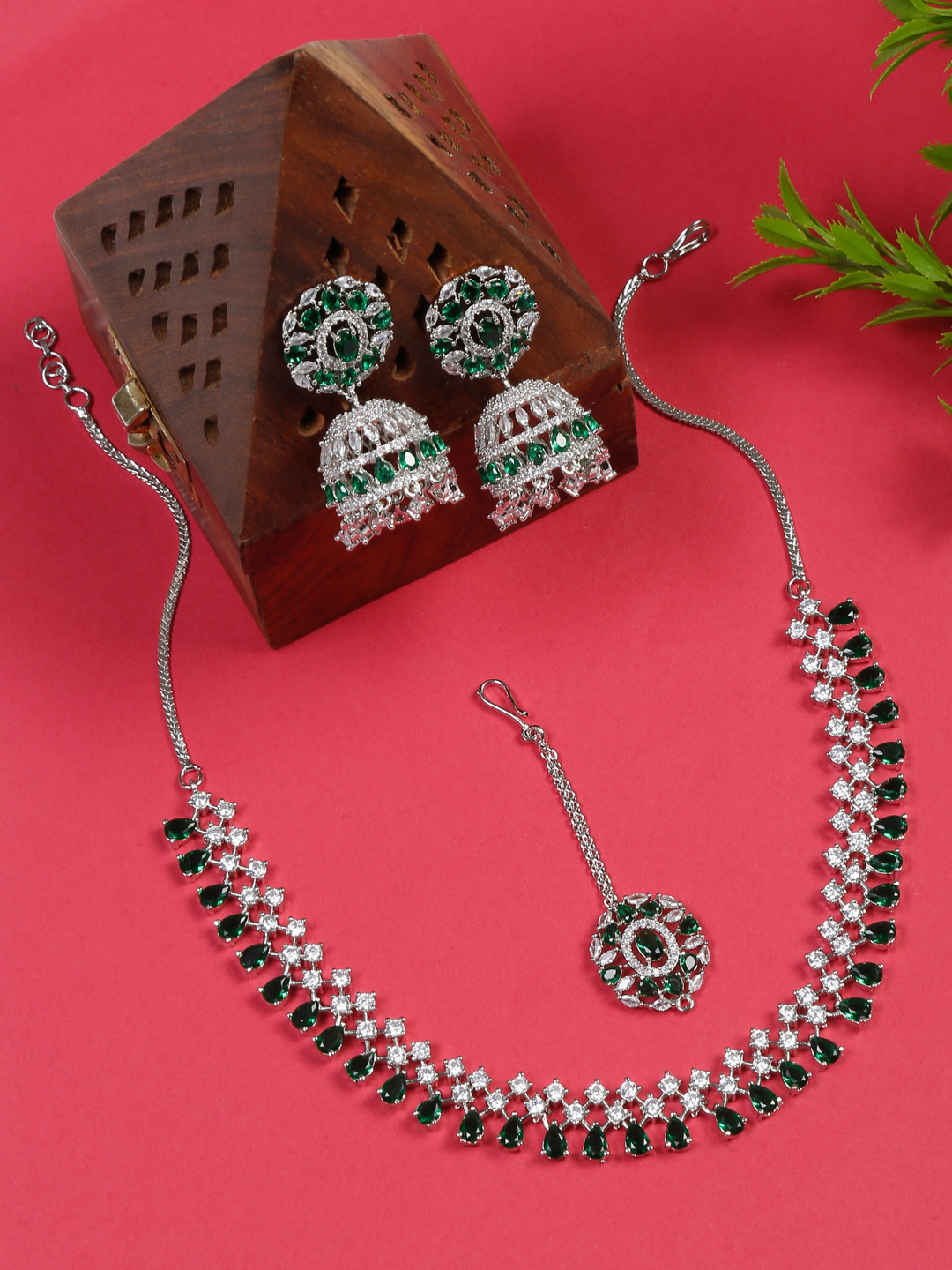 YouBella Jewellery for Women American Diamond Necklace Jewellery Set with Earring and Maang Tikka for Women and Girls