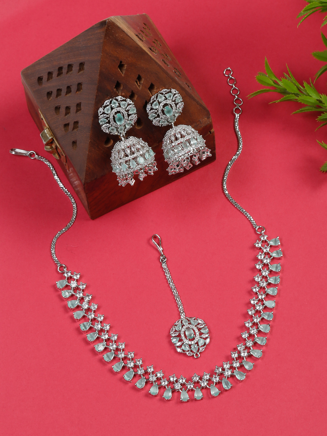 YouBella Jewellery for Women American Diamond Necklace Jewellery Set with Earring and Maang Tikka for Women and Girls