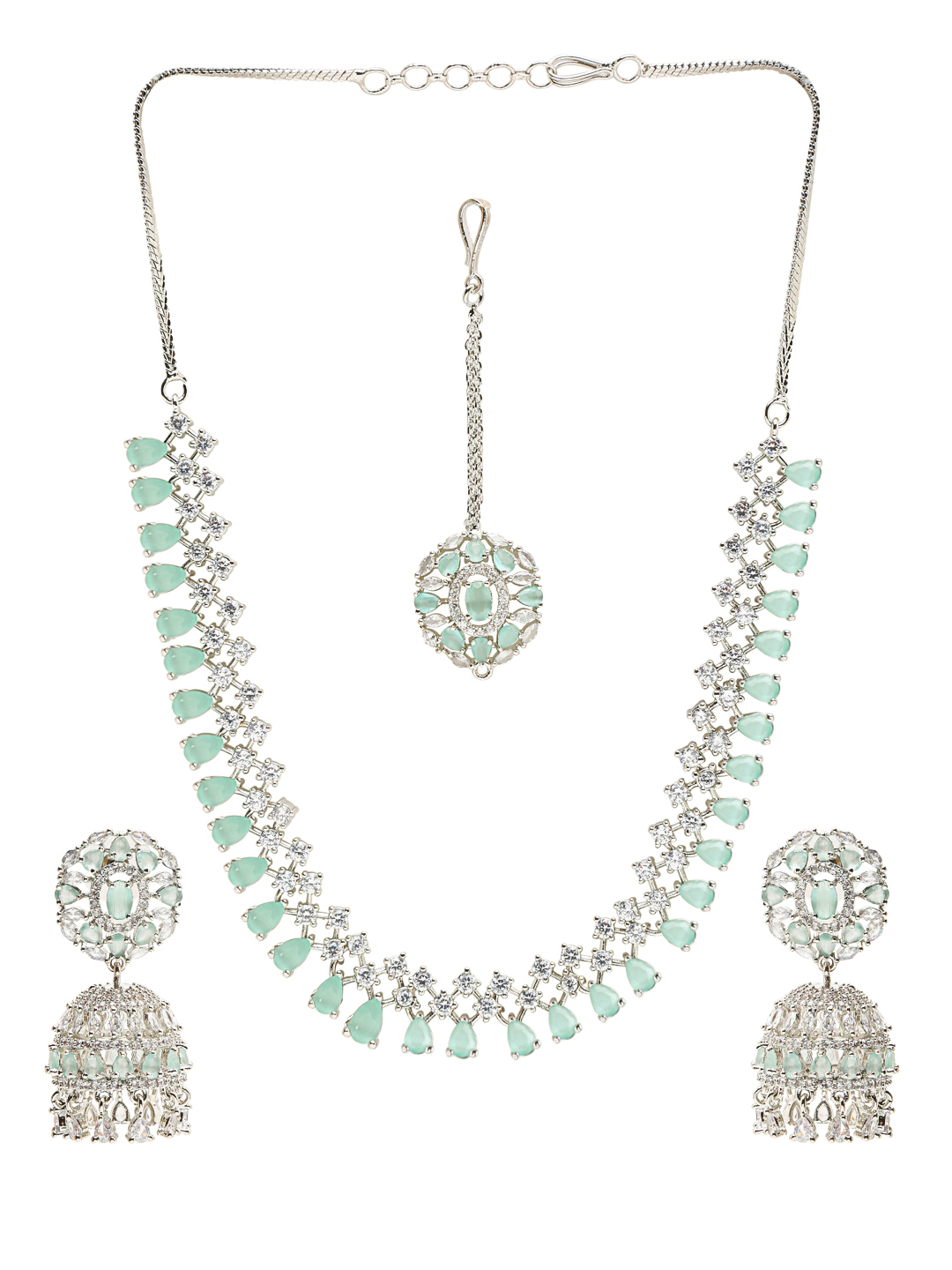YouBella Jewellery for Women American Diamond Necklace Jewellery Set with Earring and Maang Tikka for Women and Girls