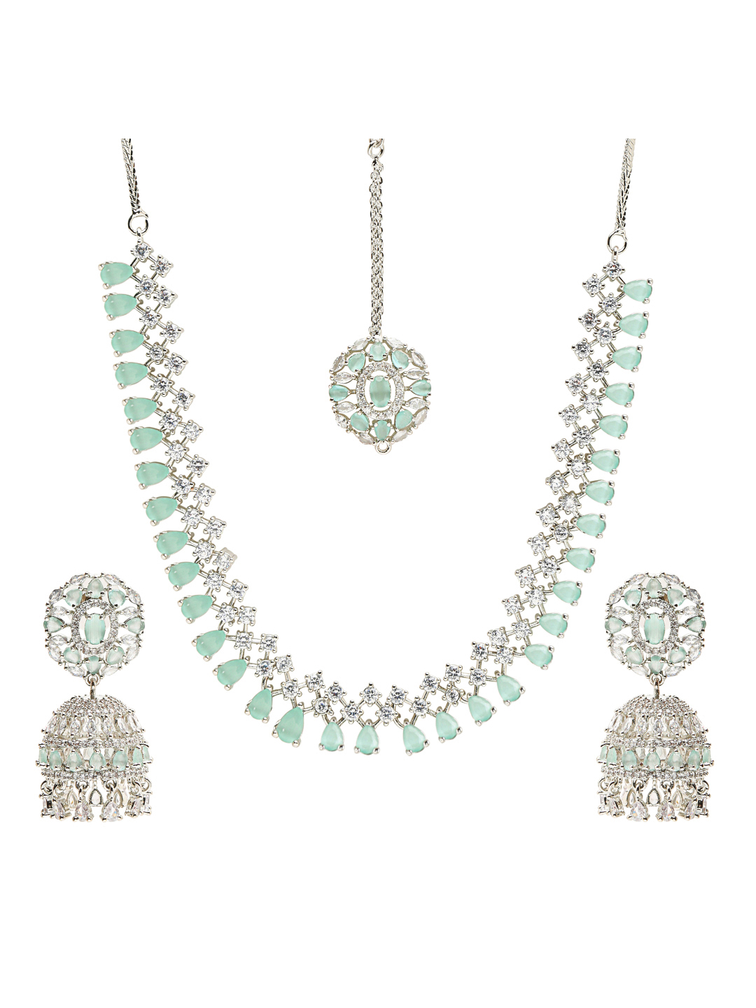 YouBella Jewellery for Women American Diamond Necklace Jewellery Set with Earring and Maang Tikka for Women and Girls