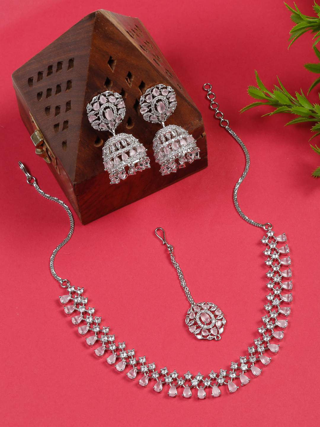 YouBella Jewellery for Women American Diamond Necklace Jewellery Set with Earring and Maang Tikka for Women and Girls