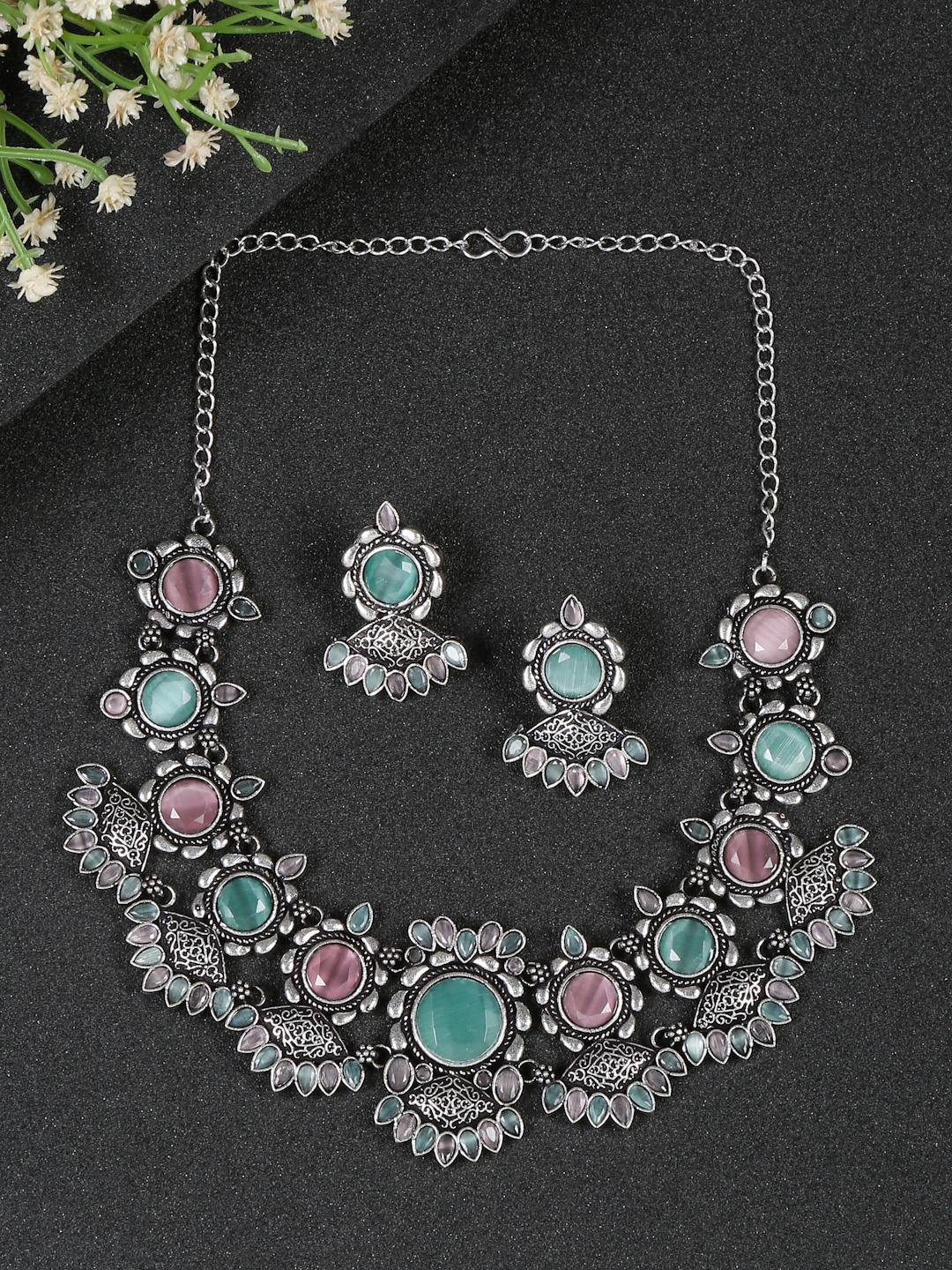 YouBella Jewellery for Women Celebrity Inspired Oxidised Silver Necklace Jewellery Set with Earrings for Women and Girls (Multi) (YBNK_50597)