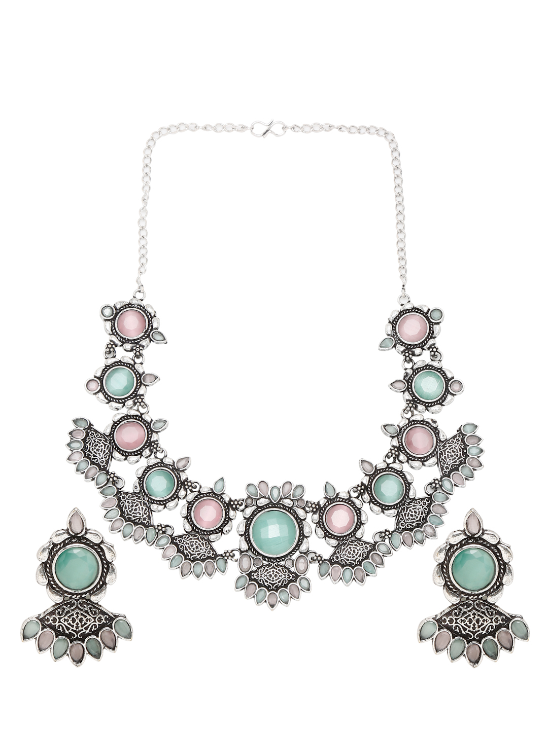 YouBella Jewellery for Women Celebrity Inspired Oxidised Silver Necklace Jewellery Set with Earrings for Women and Girls (Multi) (YBNK_50597)
