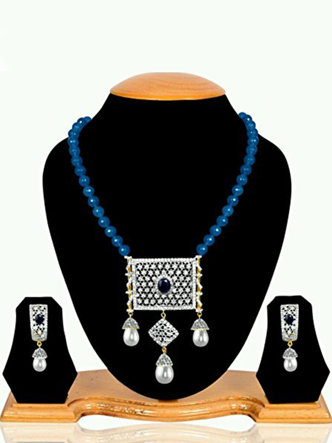 YouBella American Diamond Gold Plated Exclusive Necklace Set/Jewellery Set with Earrings for Girls and Women (Blue)