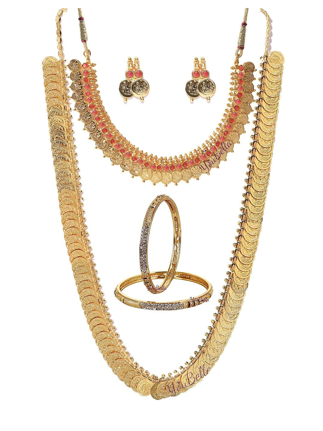 Youbella Gold Plated Brass Bangles, Long Traditional Coin Haram & Red Temple Coin Necklace & Earring Set For Women(2.6)