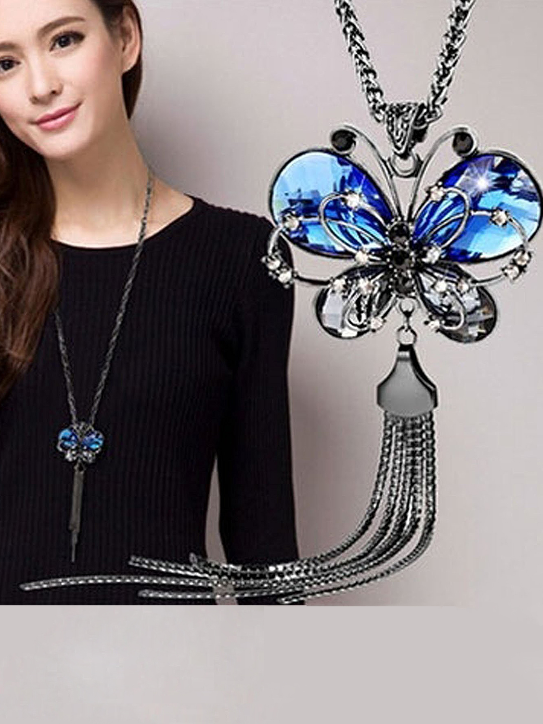YouBella Fashion Jewellery Stylish Pendants for Girls with Long Chain Pendent Party Necklace for Women & Girls (Silver Blue)