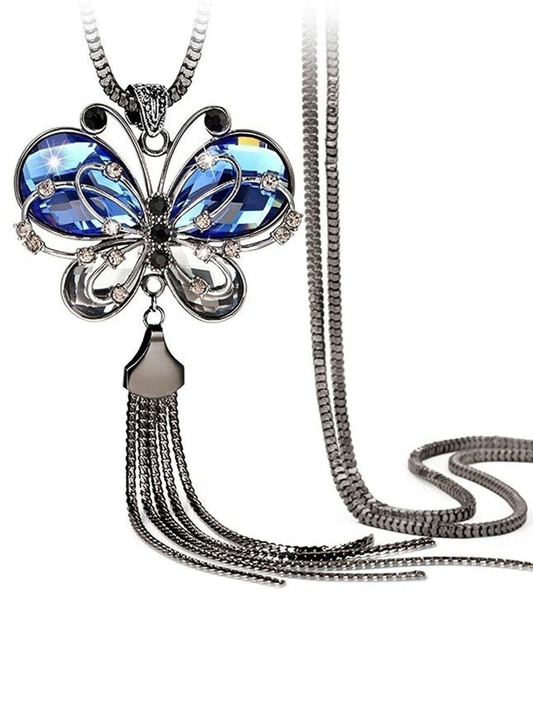 YouBella Fashion Jewellery Stylish Pendants for Girls with Long Chain Pendent Party Necklace for Women & Girls (Silver Blue)